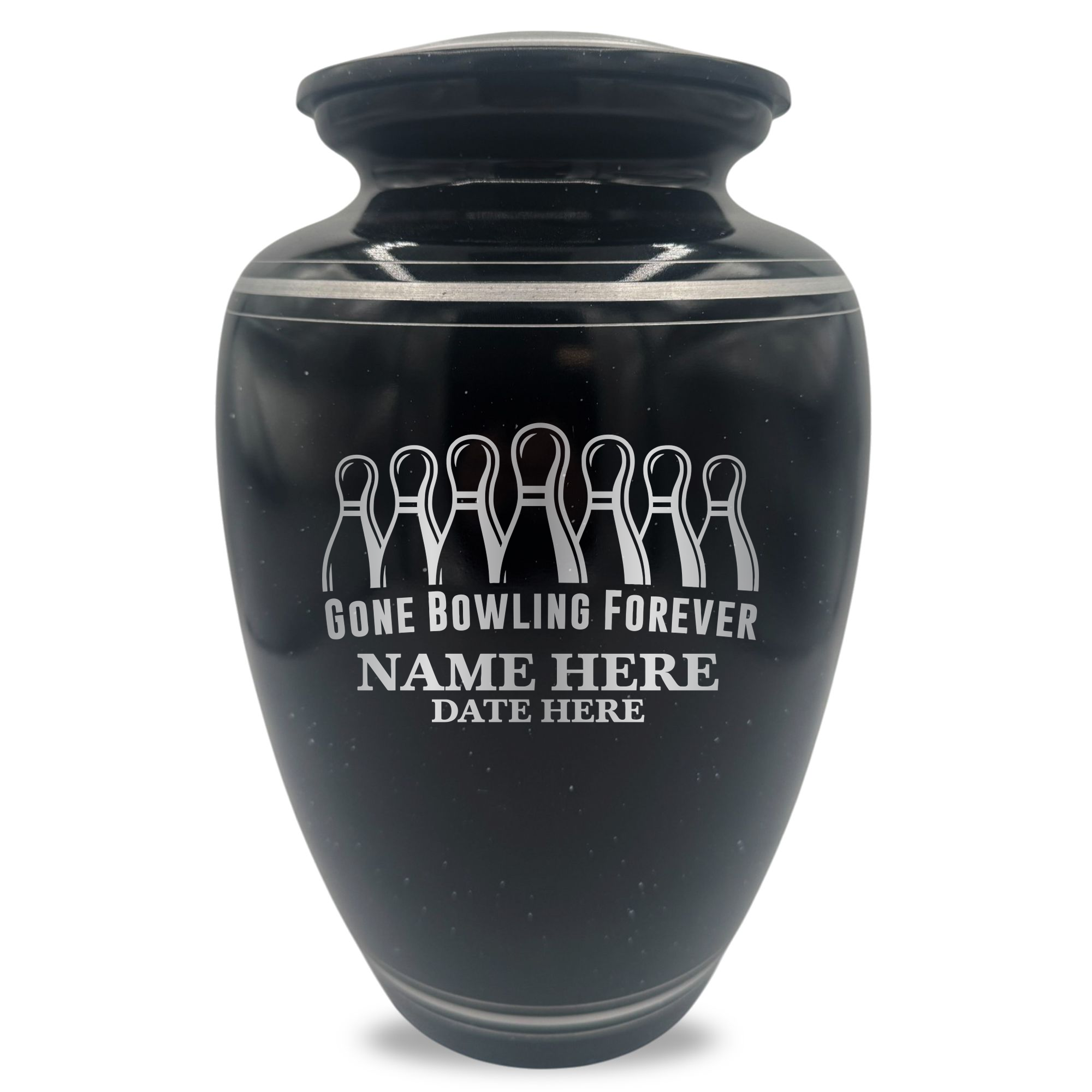 Extra Large Human Cremation Urn - 350 Cubic Inch - Black Spotted Finish with Silver Rim | Gone Bowling Tribute Collection