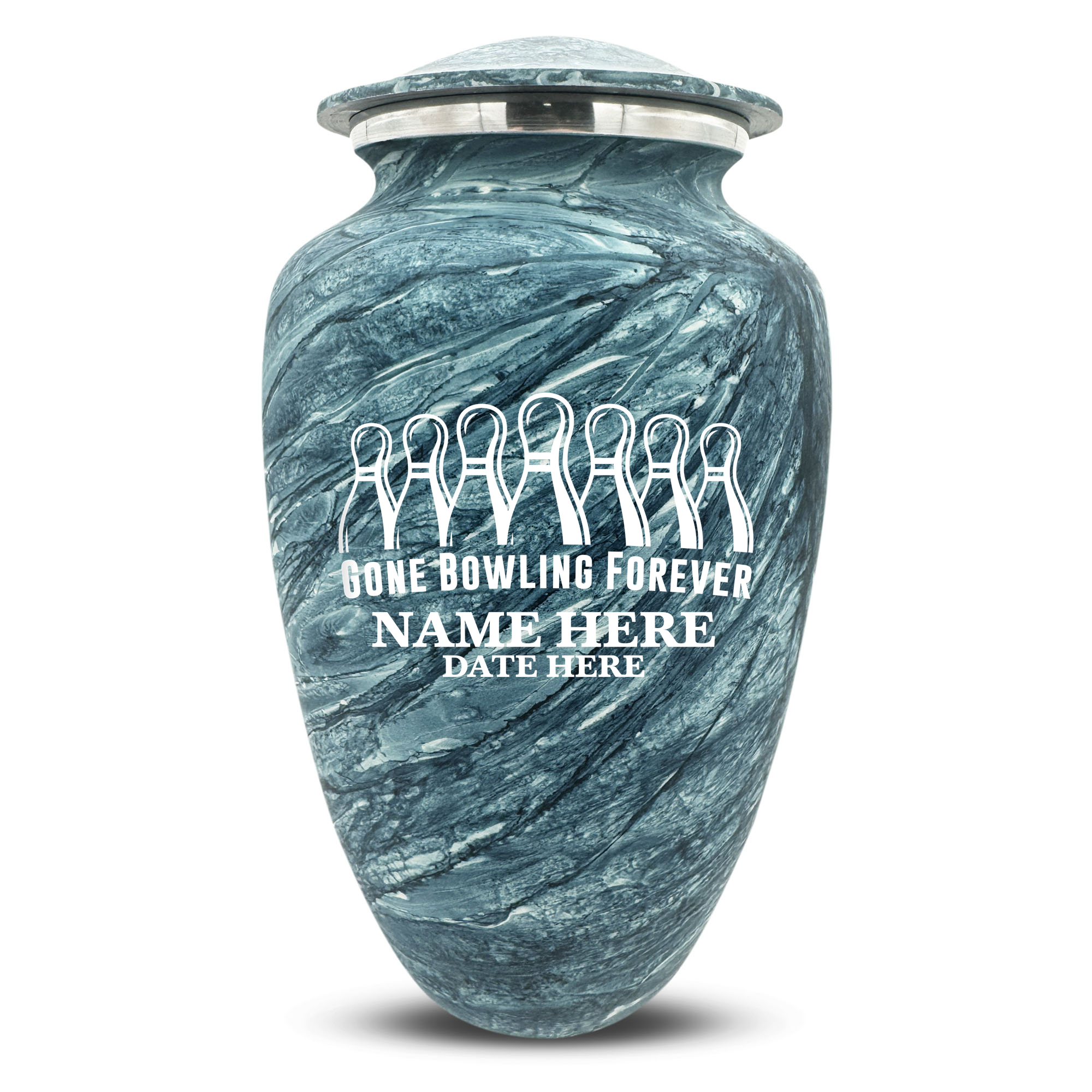 Custom Large Cremation Urn for Human Ashes - Soft Whisper Collection - Funny Bowling Design - Distressed Finish - 200 Cubic Inch