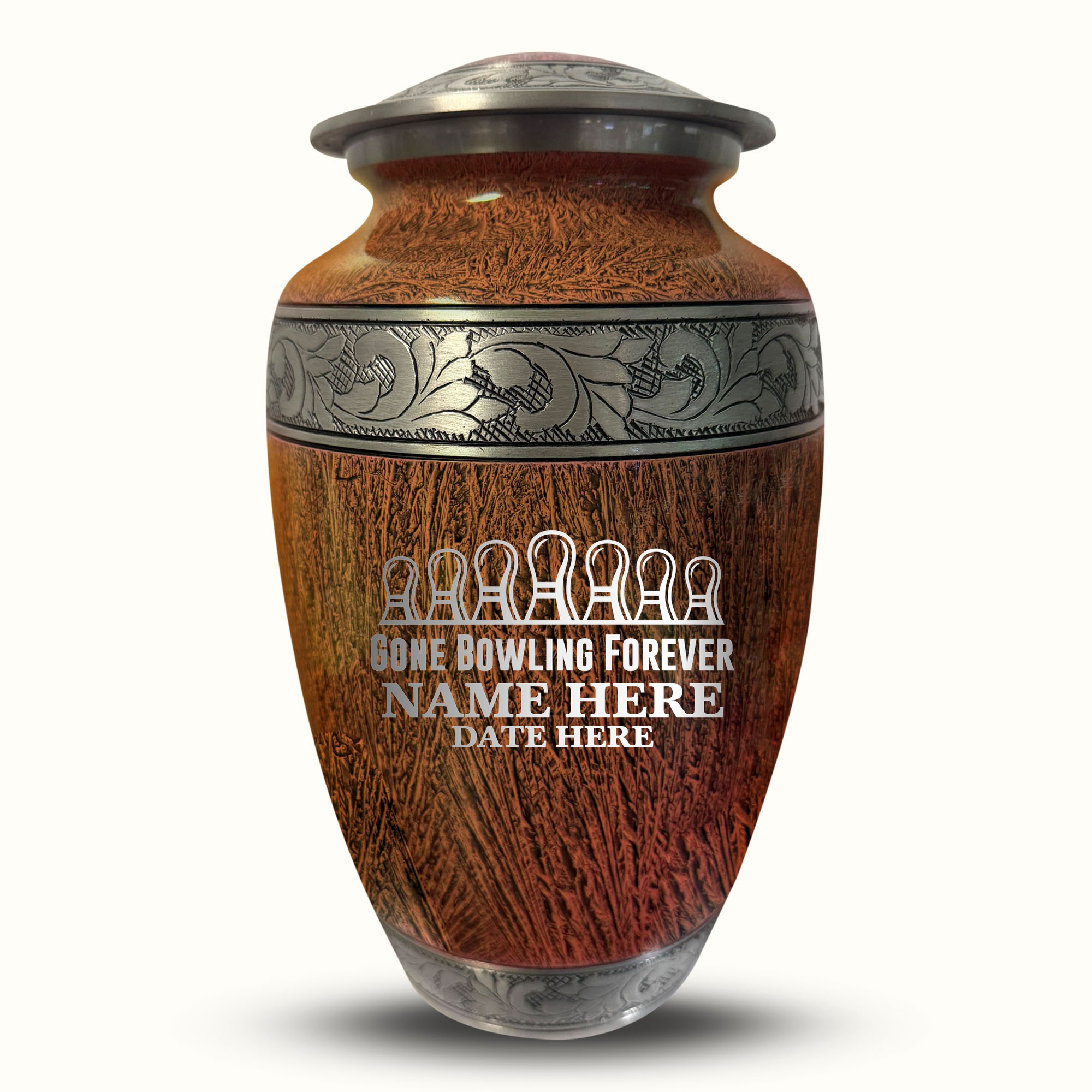 Custom Large Cremation Urn for Human Ashes - Elevate Collection - Funny Bowling Design - Distressed Finish - 200 Cubic Inch