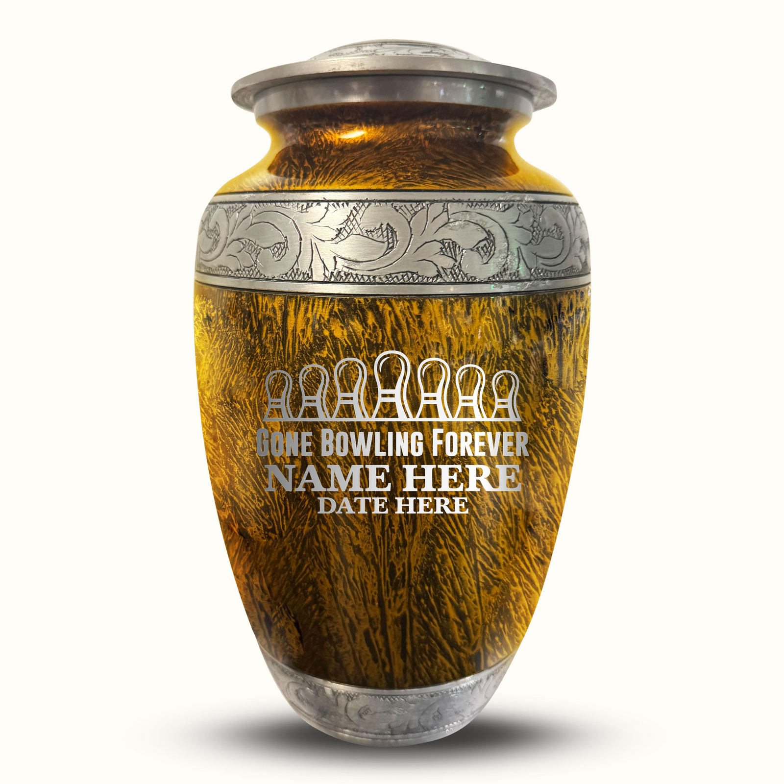 Custom Aluminum Human Urn - Elevate Collection - Funny Bowling Design - Distressed Finish - 200 Cubic Inch