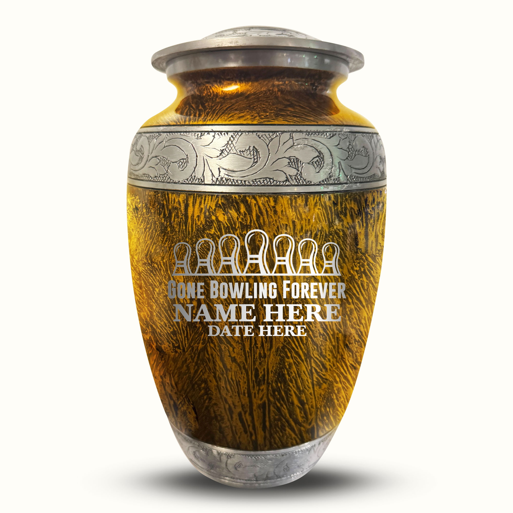 Custom Large Cremation Urn for Human Ashes - Elevate Collection - Funny Bowling Design - Distressed Finish - 200 Cubic Inch