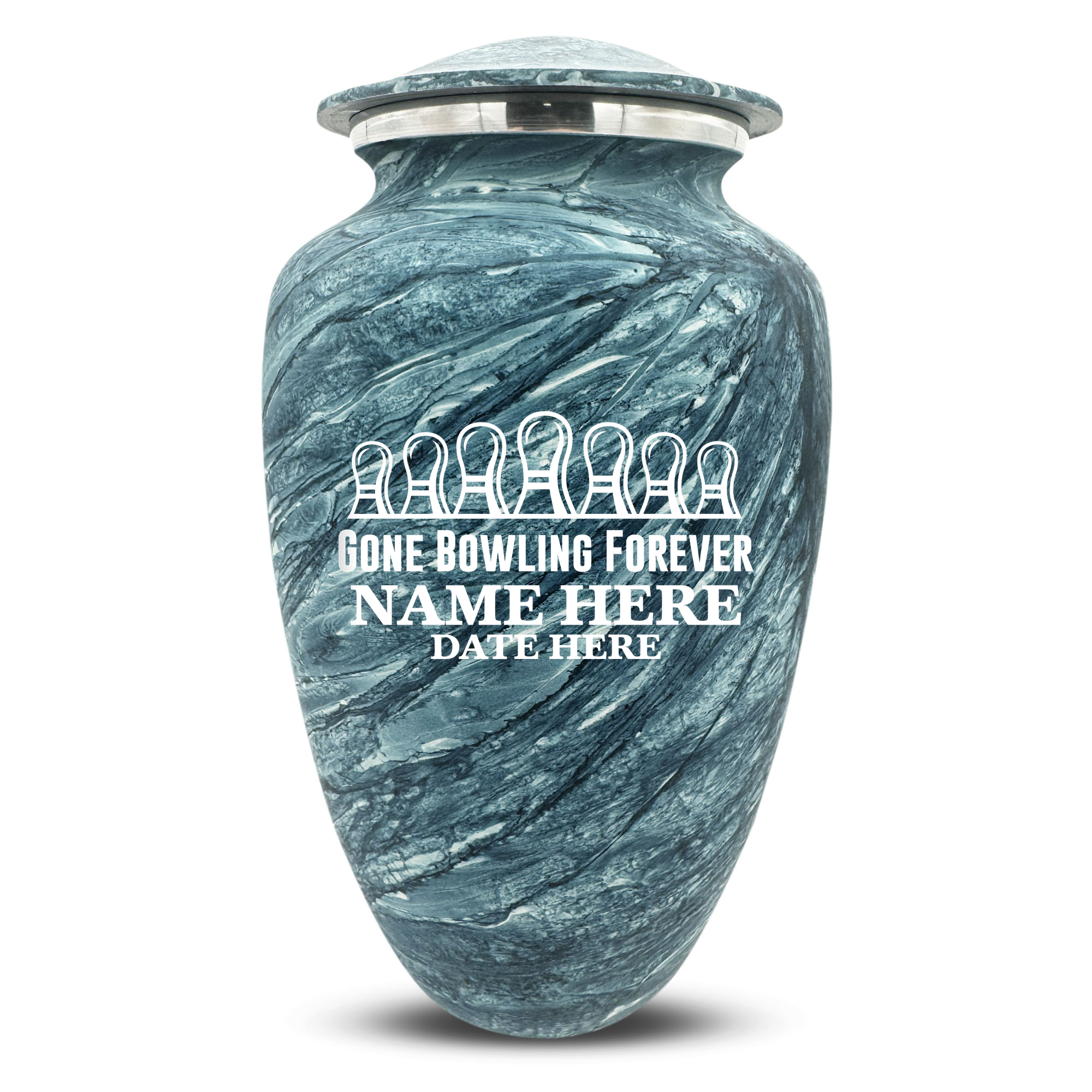 Custom Large Cremation Urn for Human Ashes - Soft Whisper Collection - Funny Bowling Design - Distressed Finish - 200 Cubic Inch