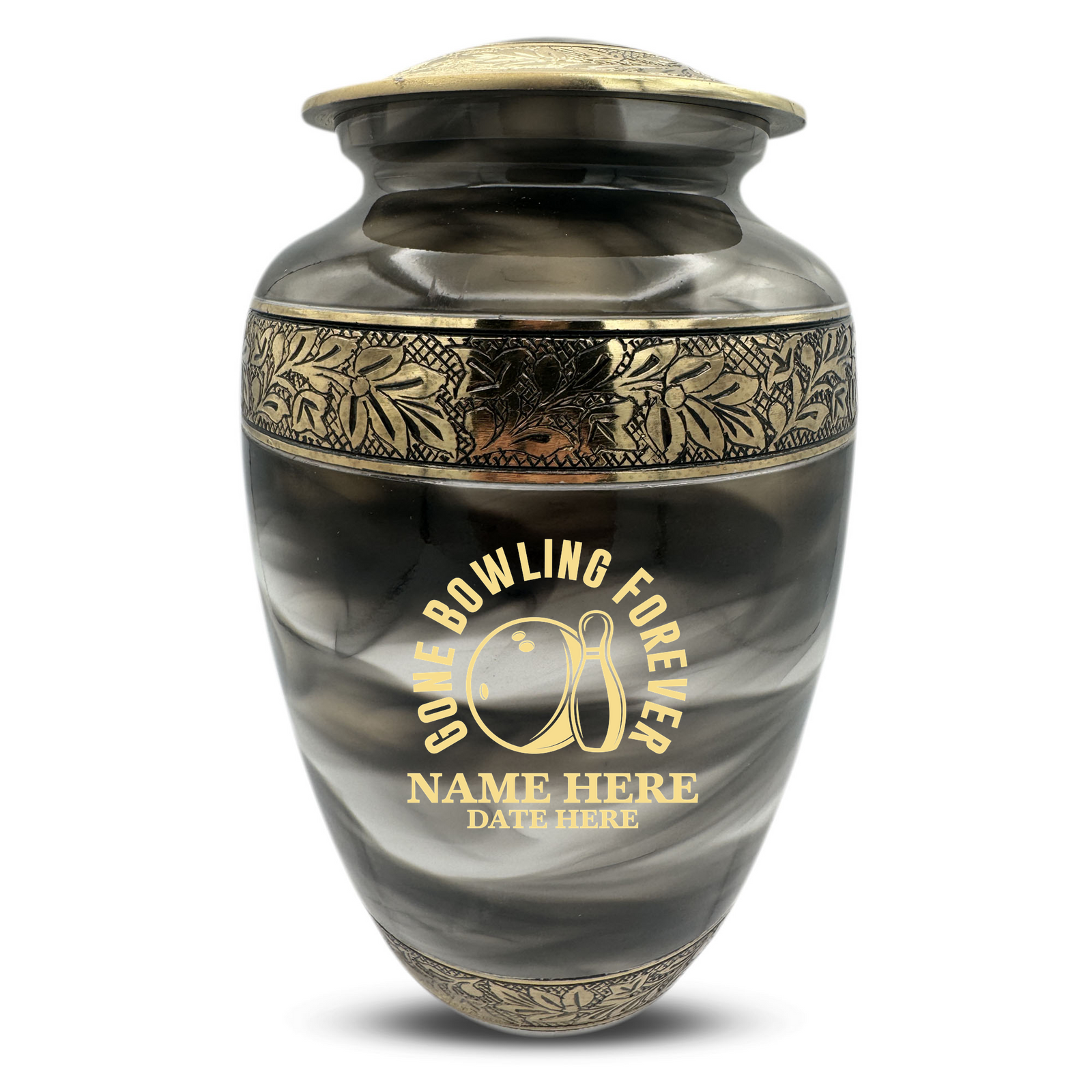 Custom Aluminum Human Urns - Suzesta Pearl White Memorial Urn - Funny Bowling Design - 200 Cubic Inch