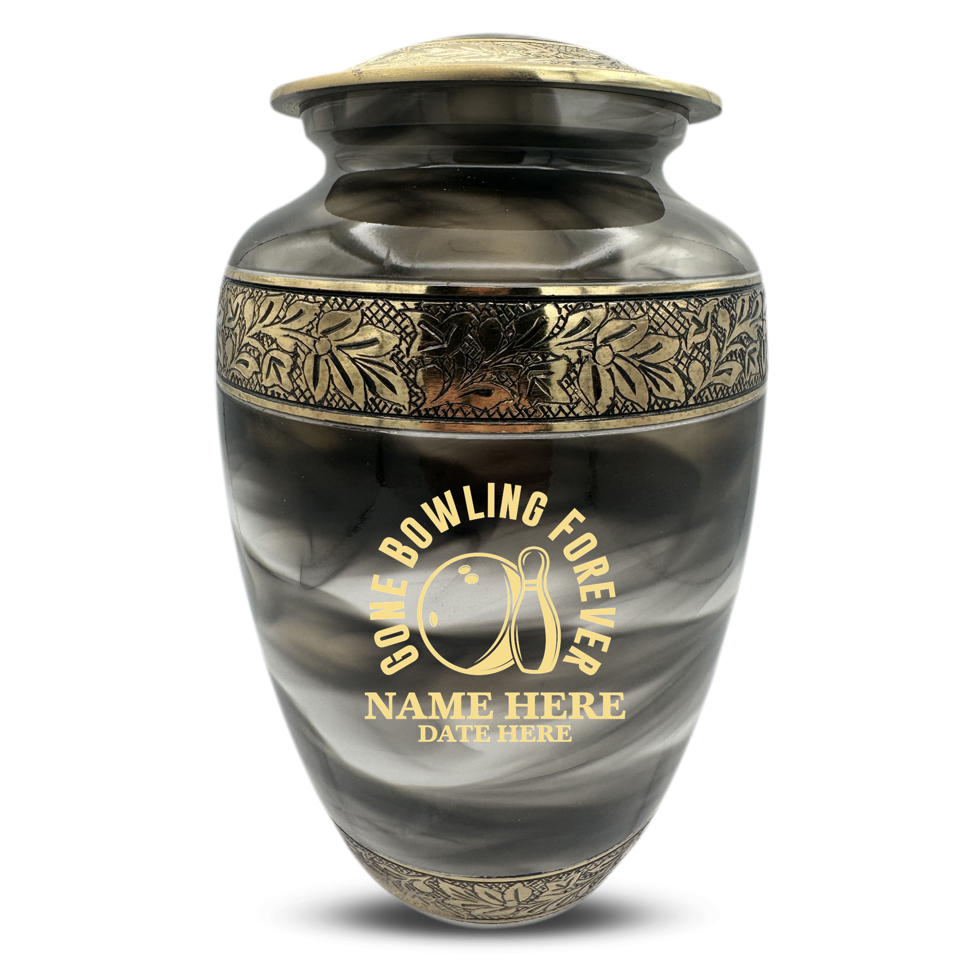 Custom Aluminum Cremation Urn for Human Ashes - Suzesta Pearl White Memorial Urn - Funny Bowling Design - 200 Cubic Inch