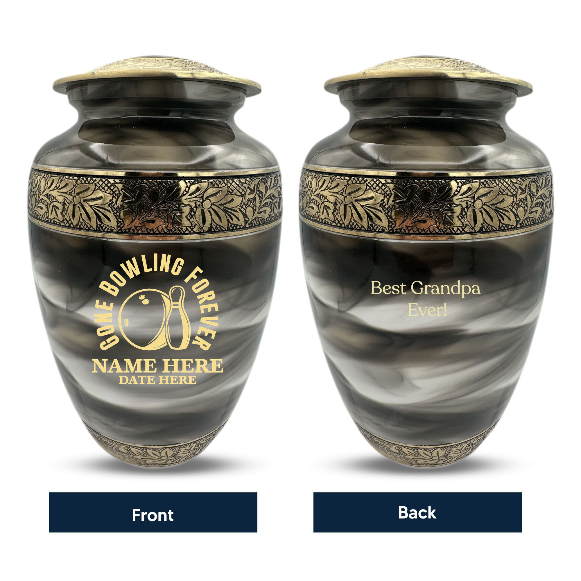 Custom Aluminum Human Urns - Suzesta Pearl White Memorial Urn - Funny Bowling Design - 200 Cubic Inch
