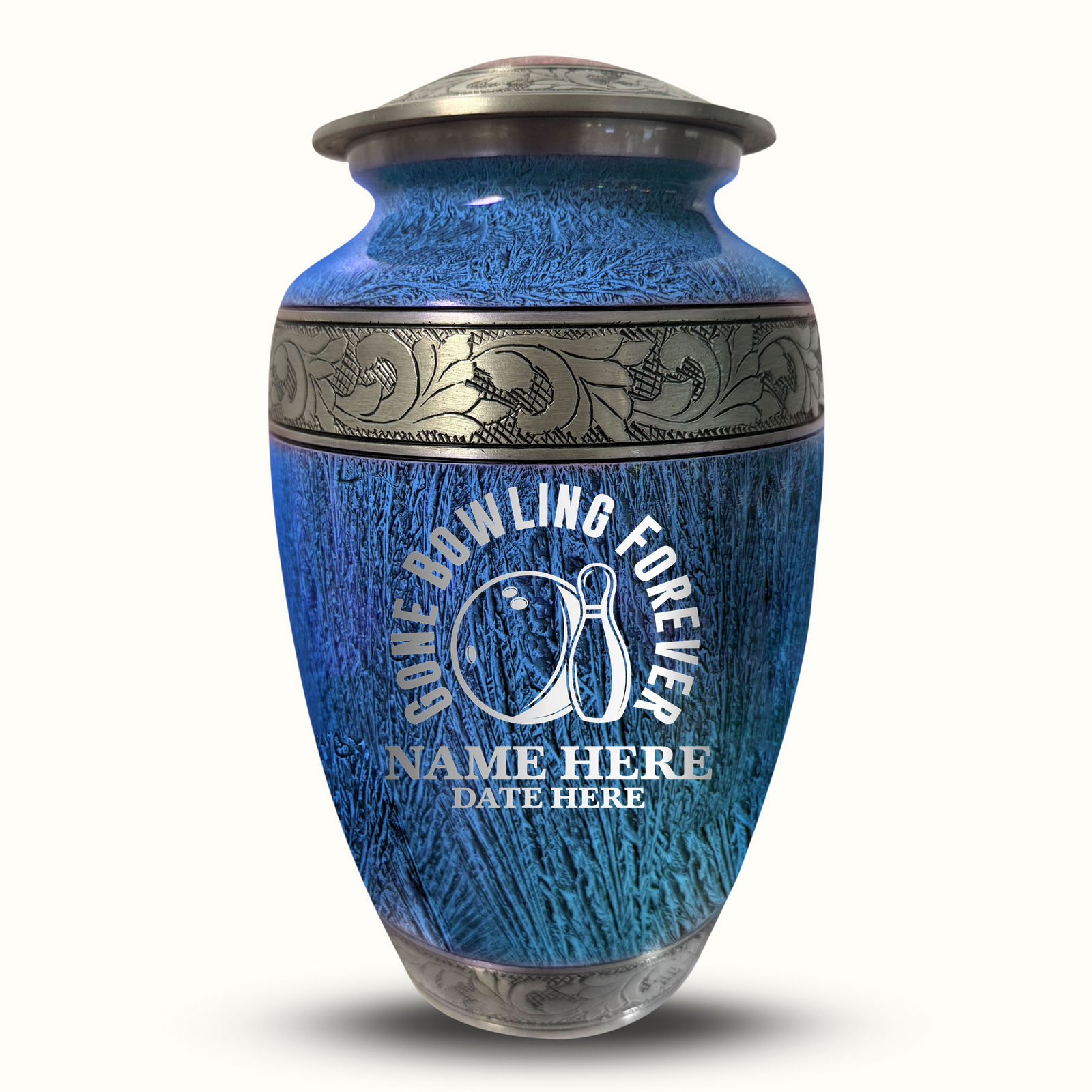 Custom Aluminum Human Urn - Elevate Collection - Funny Bowling Design - Distressed Finish - 200 Cubic Inch