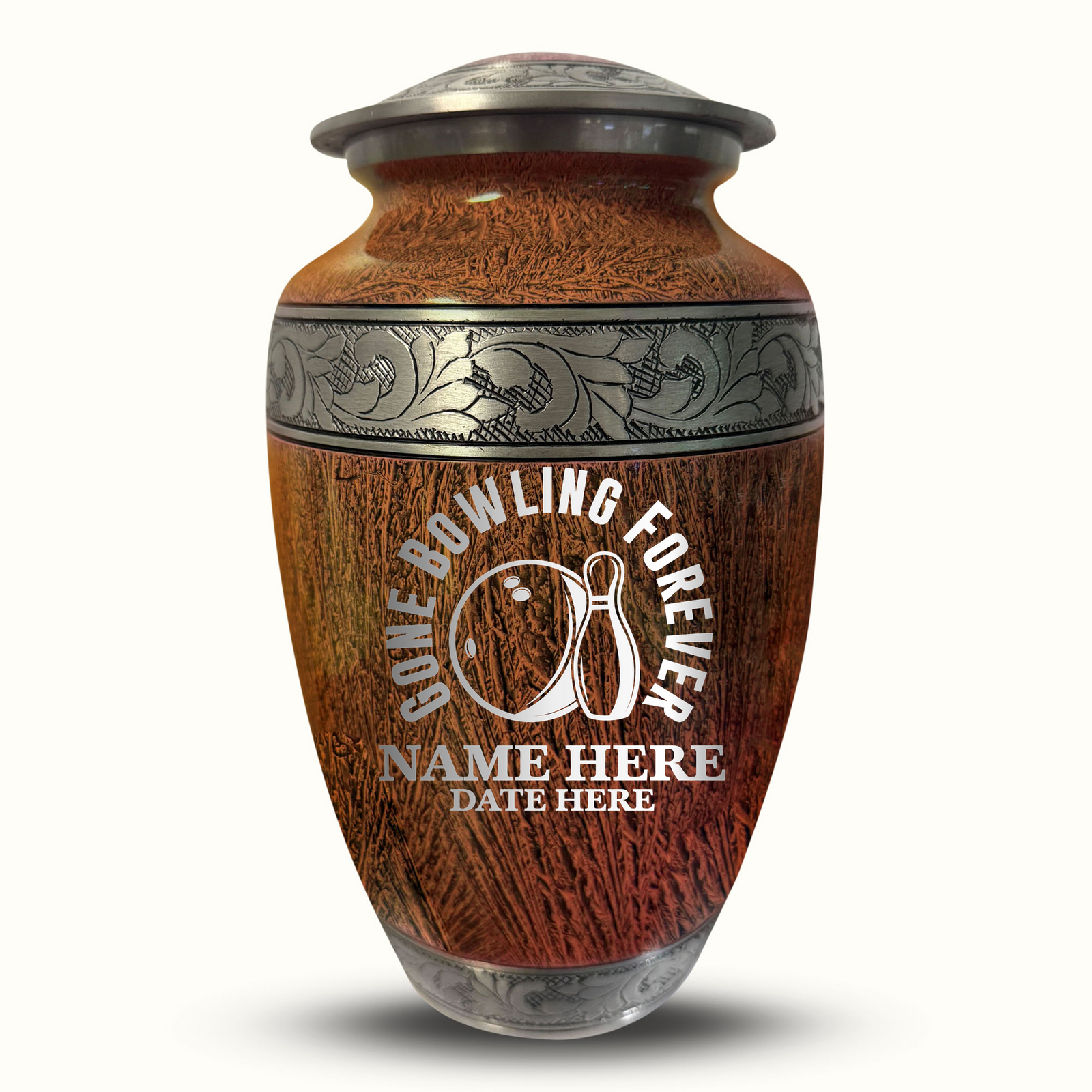 Custom Aluminum Human Urn - Elevate Collection - Funny Bowling Design - Distressed Finish - 200 Cubic Inch