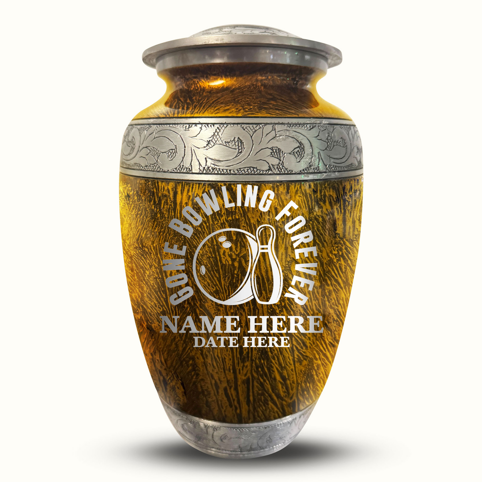 Custom Aluminum Human Urn - Elevate Collection - Funny Bowling Design - Distressed Finish - 200 Cubic Inch