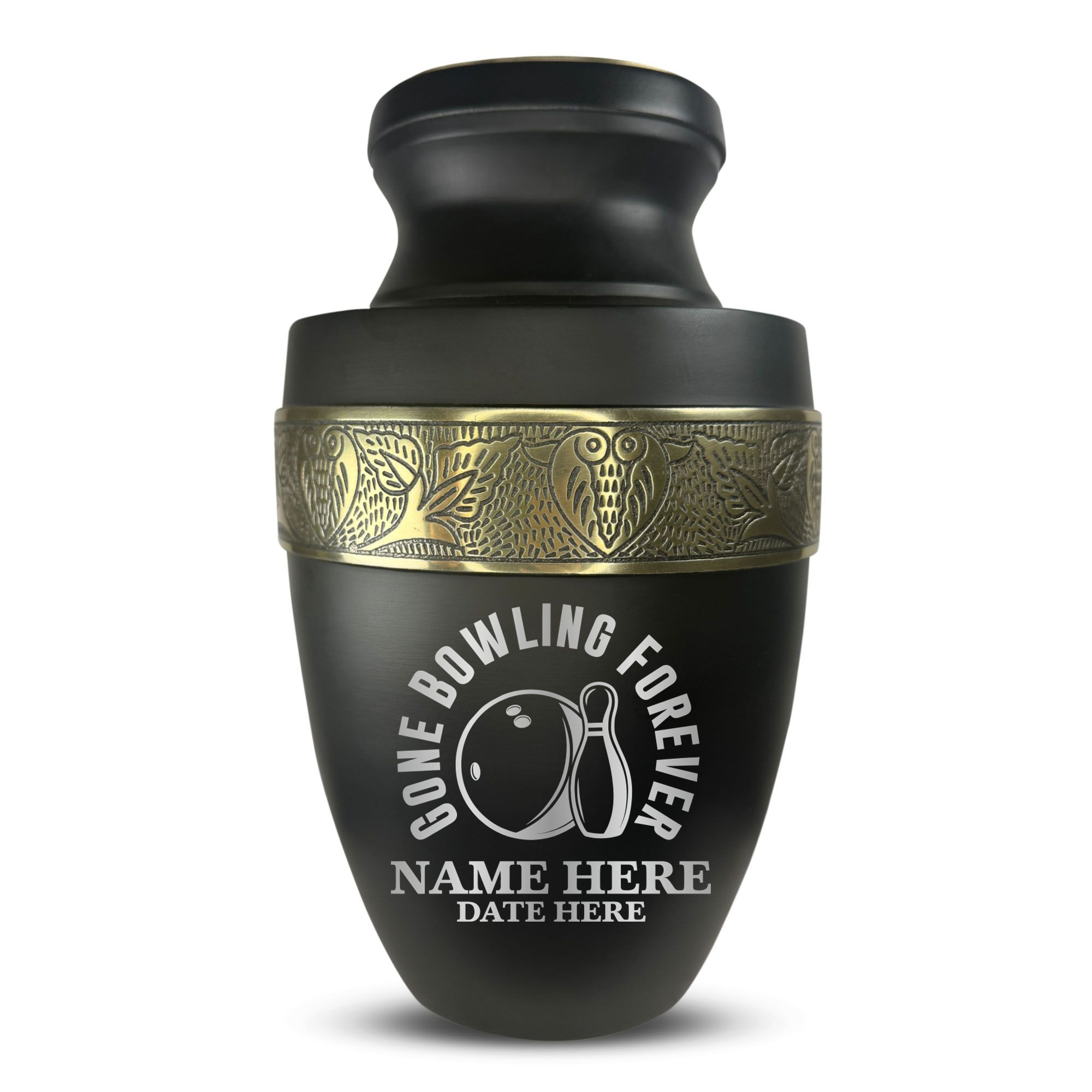 Elite Human Cremation Urn - 200 Cubic Inch - Aluminum with Gold Inlay | Gone Bowling Tribute