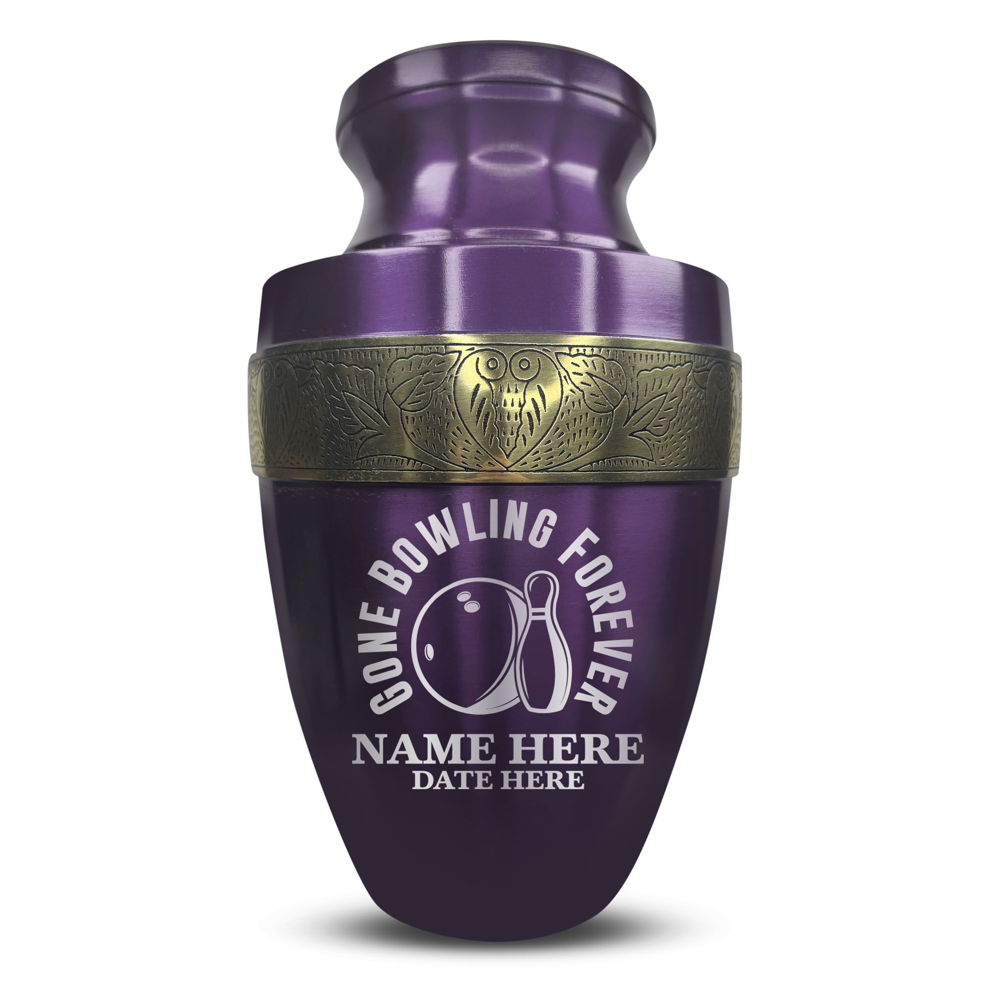 Elite Human Cremation Urn - 200 Cubic Inch - Aluminum with Gold Inlay | Gone Bowling Tribute