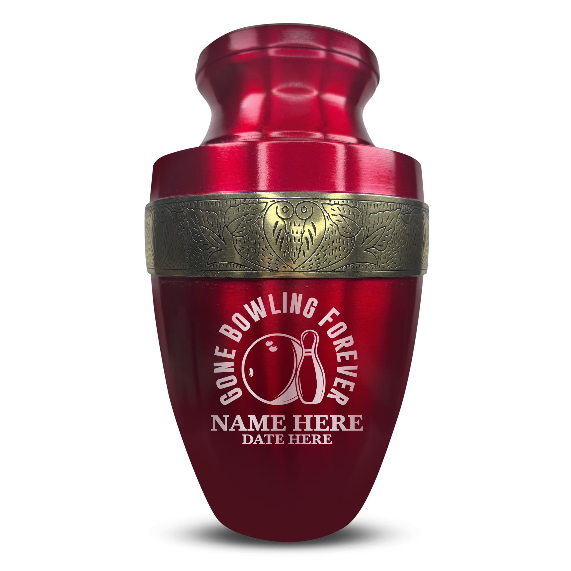 Elite Human Cremation Urn - 200 Cubic Inch - Aluminum with Gold Inlay | Gone Bowling Tribute