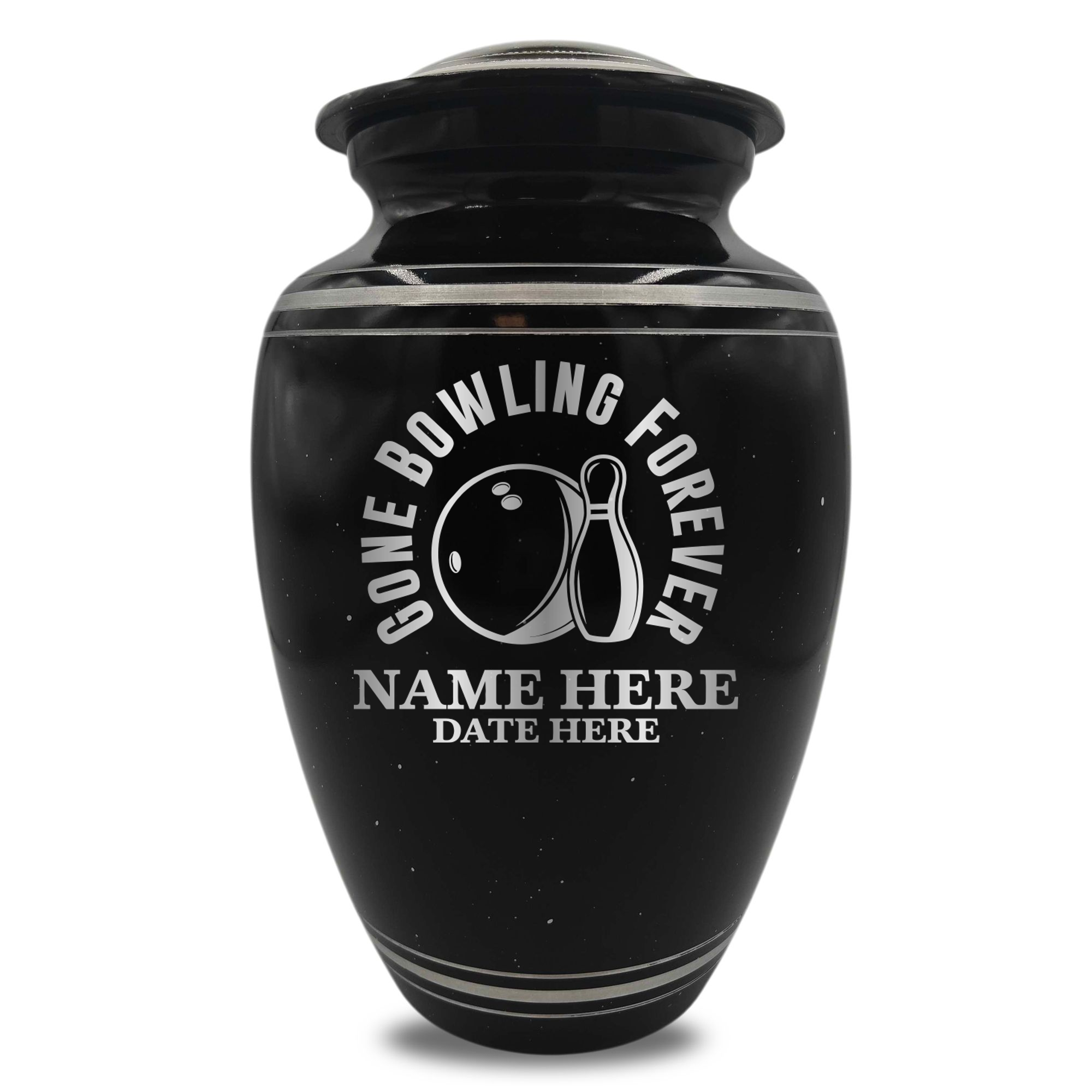 Spotted Black Aluminum with Silver Rim Human Cremation Urn - 200 Cubic Inch | Gone Bowling Tribute