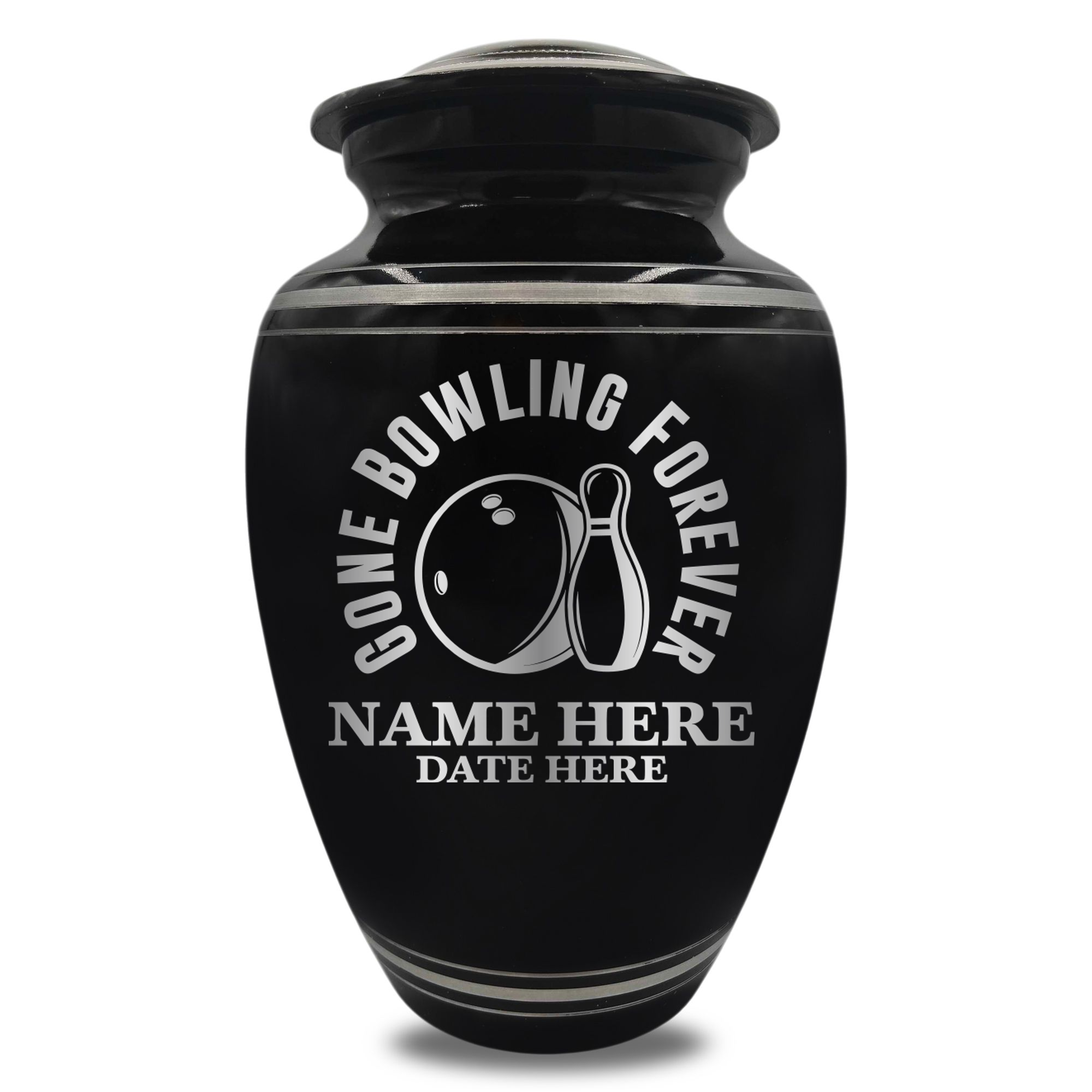 Polished Aluminum with Silver Rim Human Cremation Urn - 200 Cubic Inch | Gone Bowling Tribute