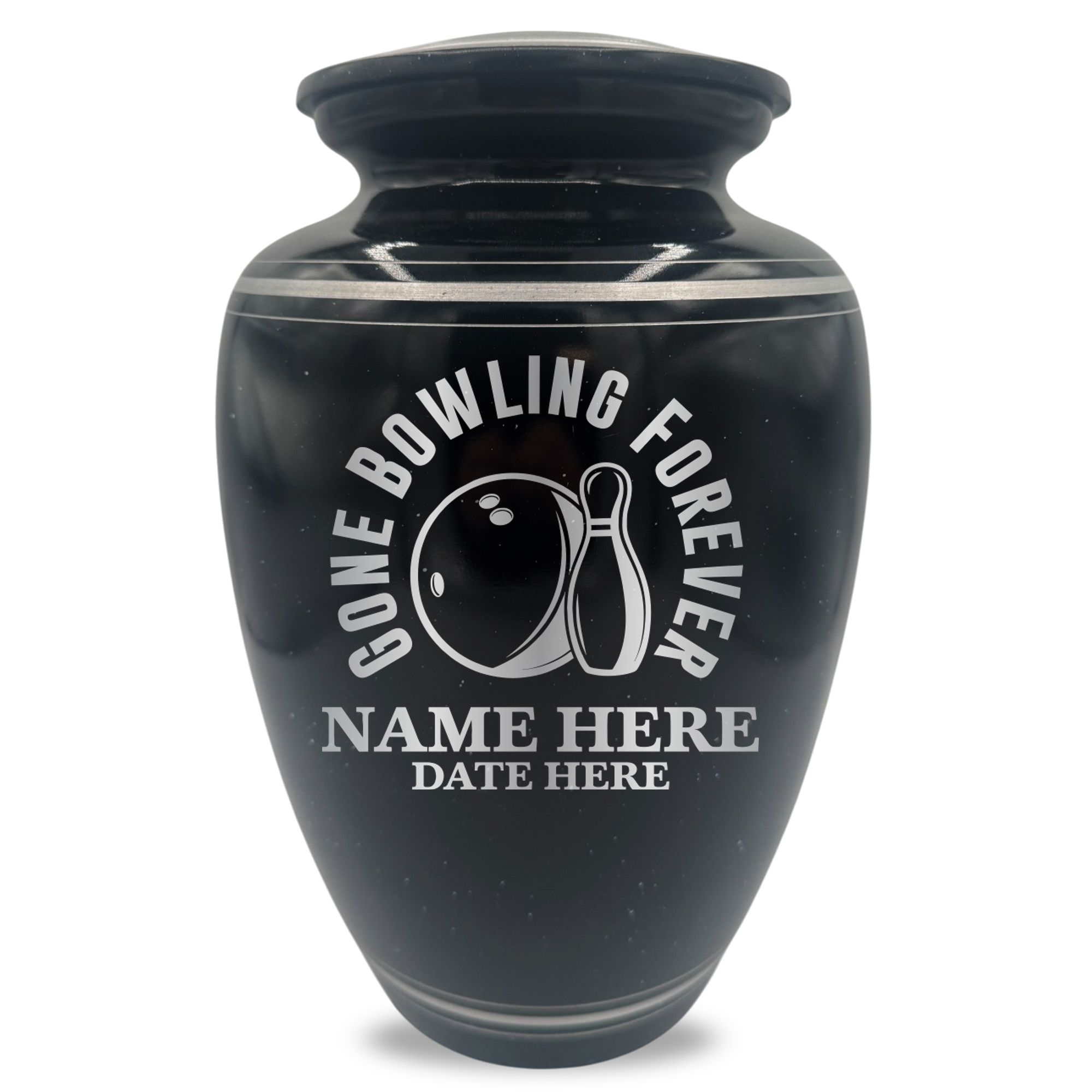 Extra Large Human Cremation Urn - 350 Cubic Inch - Black Spotted Finish with Silver Rim | Gone Bowling Tribute Collection