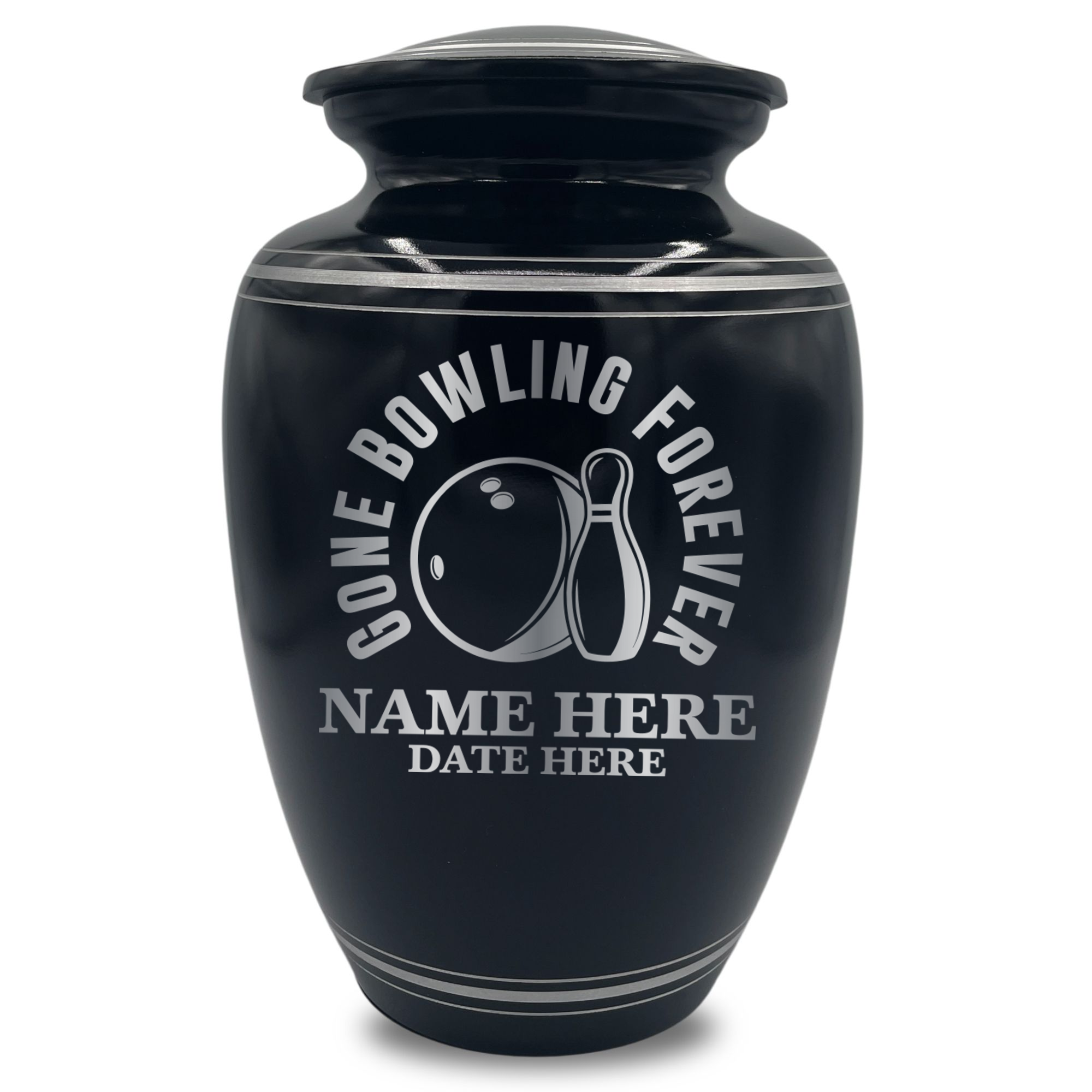 Human Cremation Urn - 350 Cubic Inch Capacity - Black with Silver Rim | Gone Bowling Tribute Collection