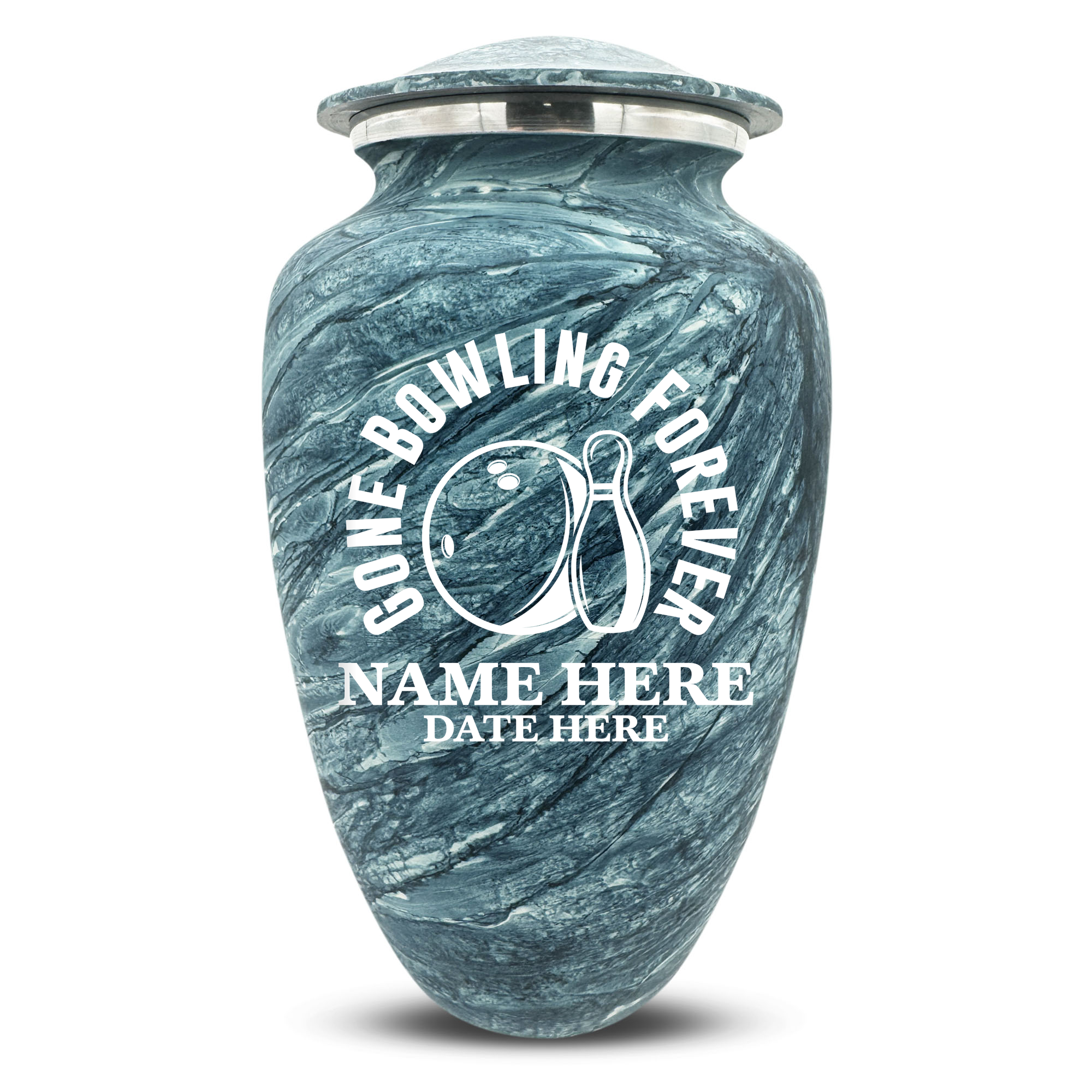 Custom Large Cremation Urn for Human Ashes - Soft Whisper Collection - Funny Bowling Design - Distressed Finish - 200 Cubic Inch