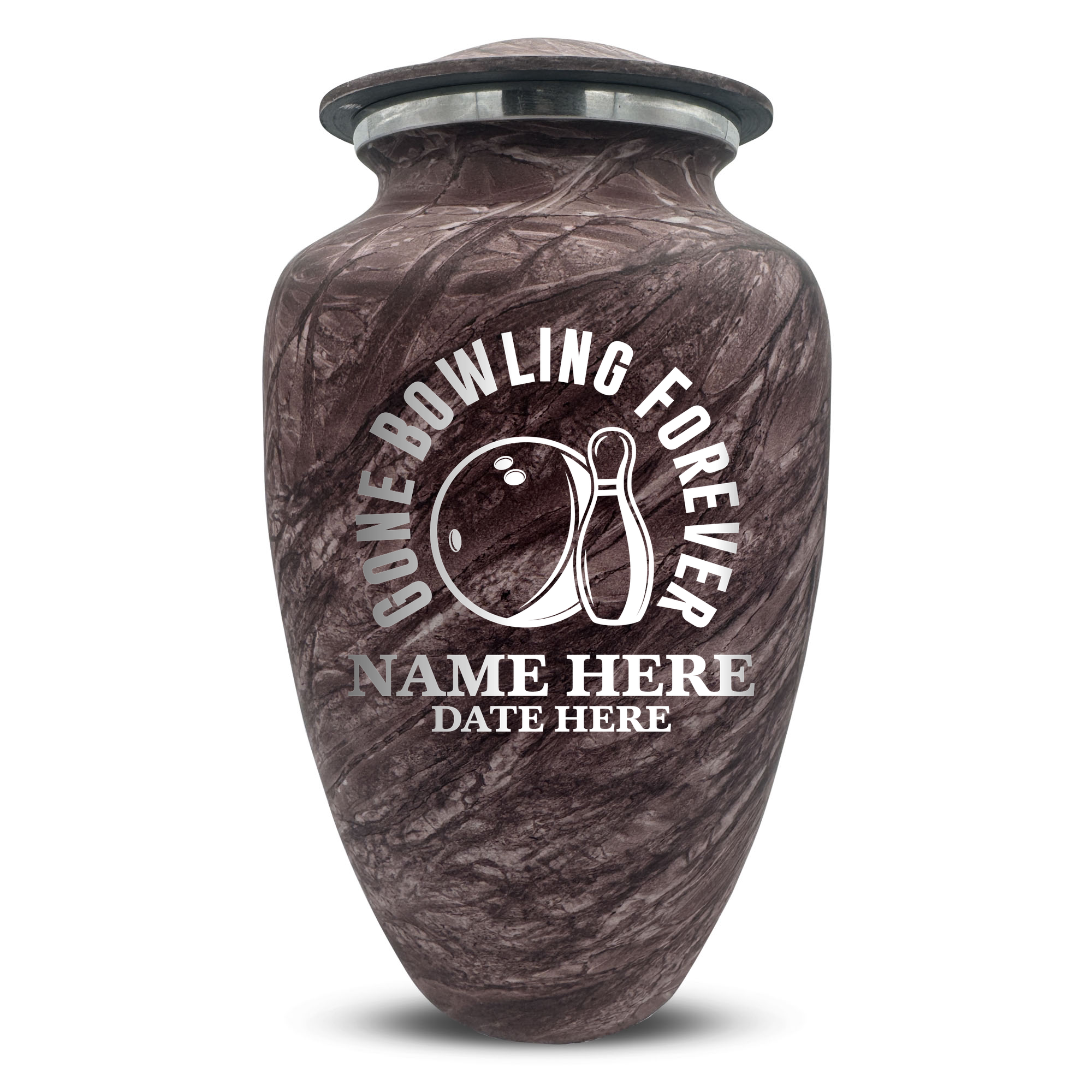 Custom Large Cremation Urn for Human Ashes - Soft Whisper Collection - Funny Bowling Design - Distressed Finish - 200 Cubic Inch