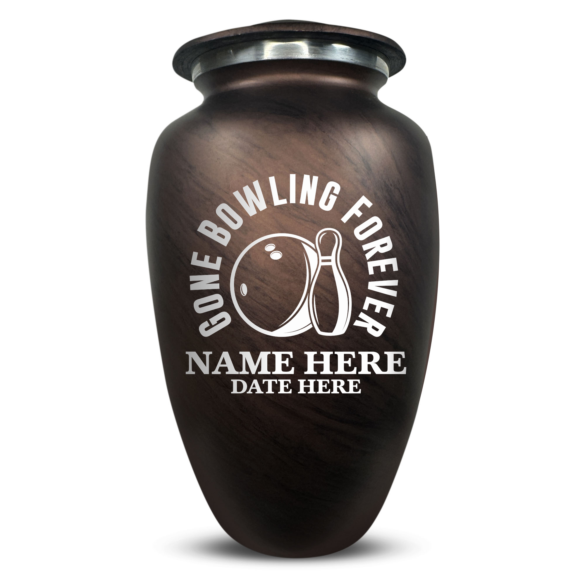 Custom Large Cremation Urn for Human Ashes - Soft Whisper Collection - Funny Bowling Design - Distressed Finish - 200 Cubic Inch