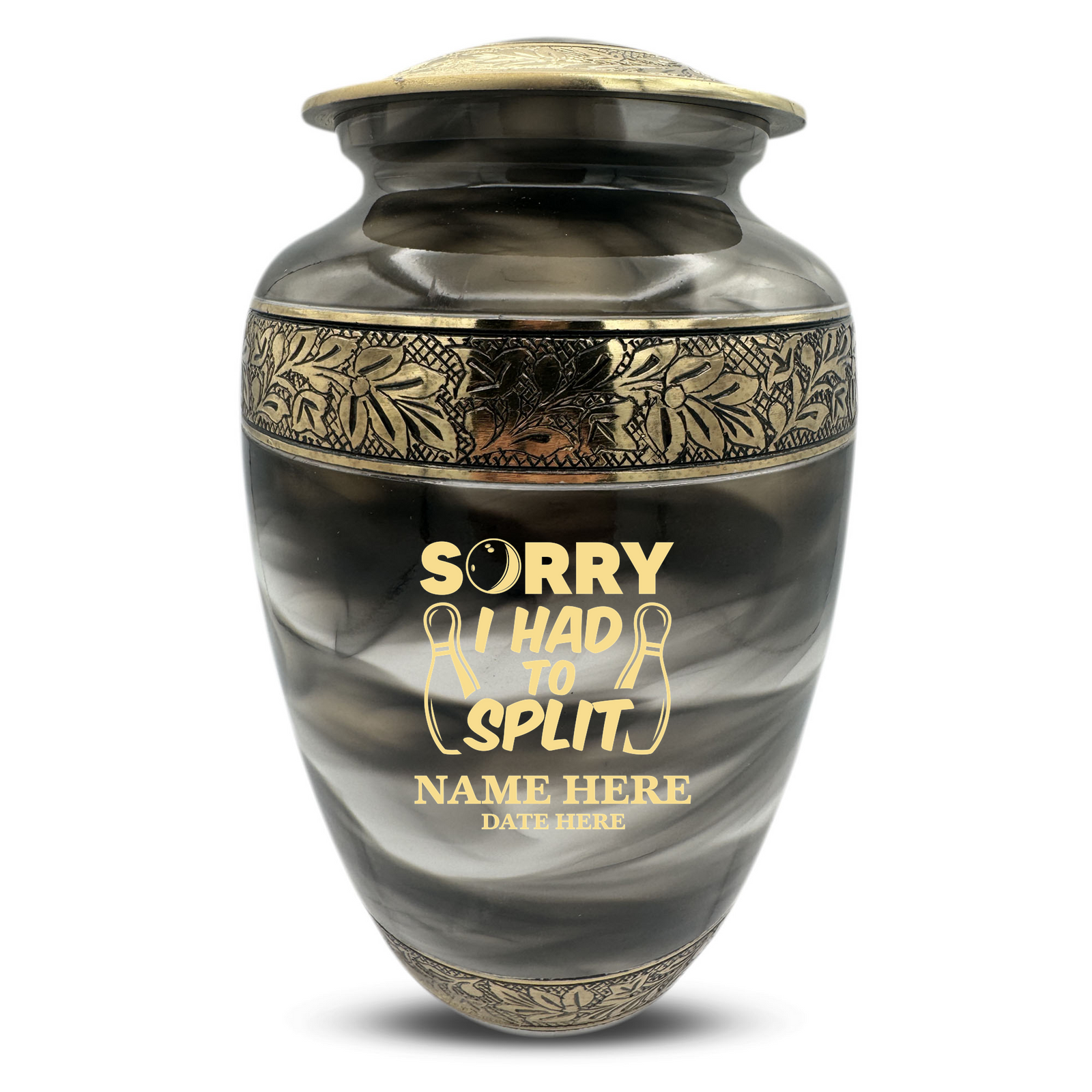 Custom Aluminum Human Urns - Suzesta Pearl White Memorial Urn - Funny Bowling Design - 200 Cubic Inch