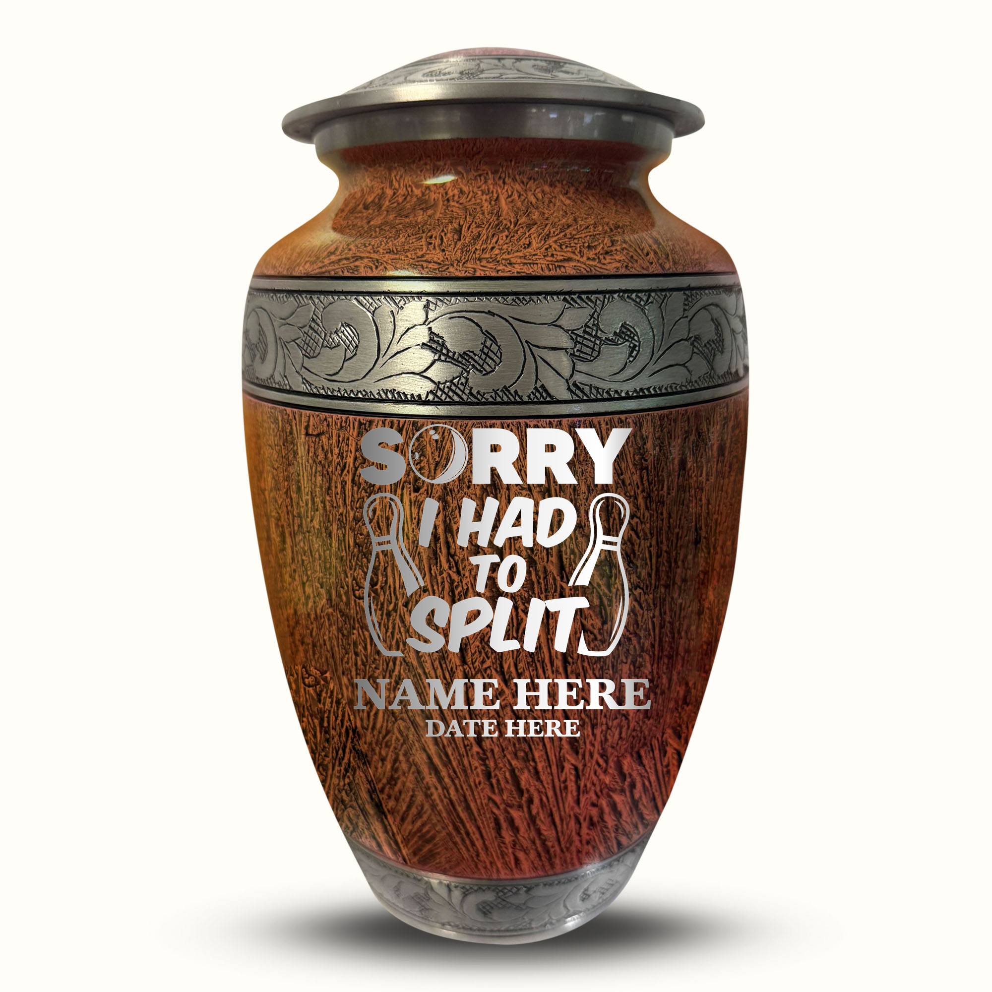 Custom Large Cremation Urn for Human Ashes - Elevate Collection - Funny Bowling Design - Distressed Finish - 200 Cubic Inch