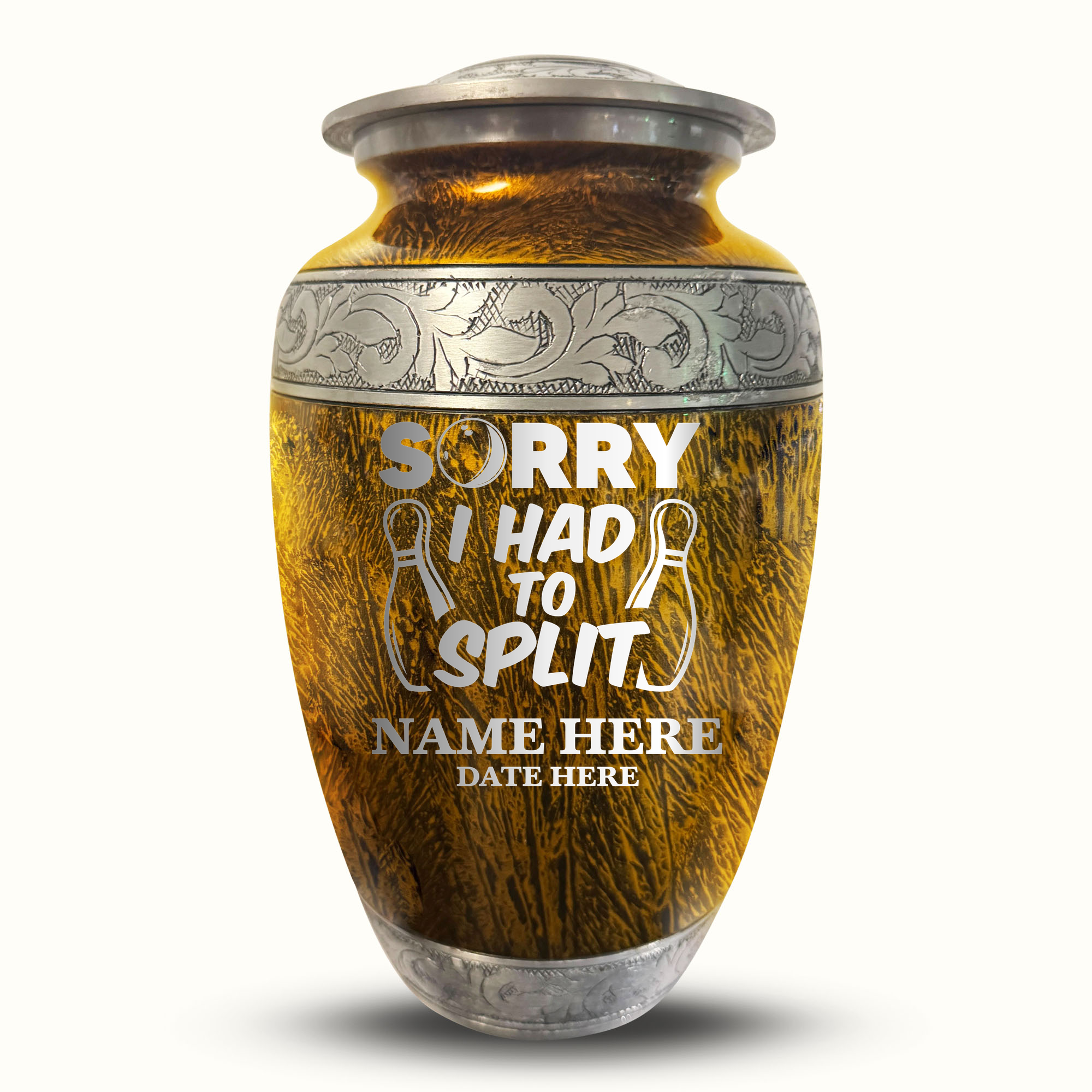 Custom Large Cremation Urn for Human Ashes - Elevate Collection - Funny Bowling Design - Distressed Finish - 200 Cubic Inch