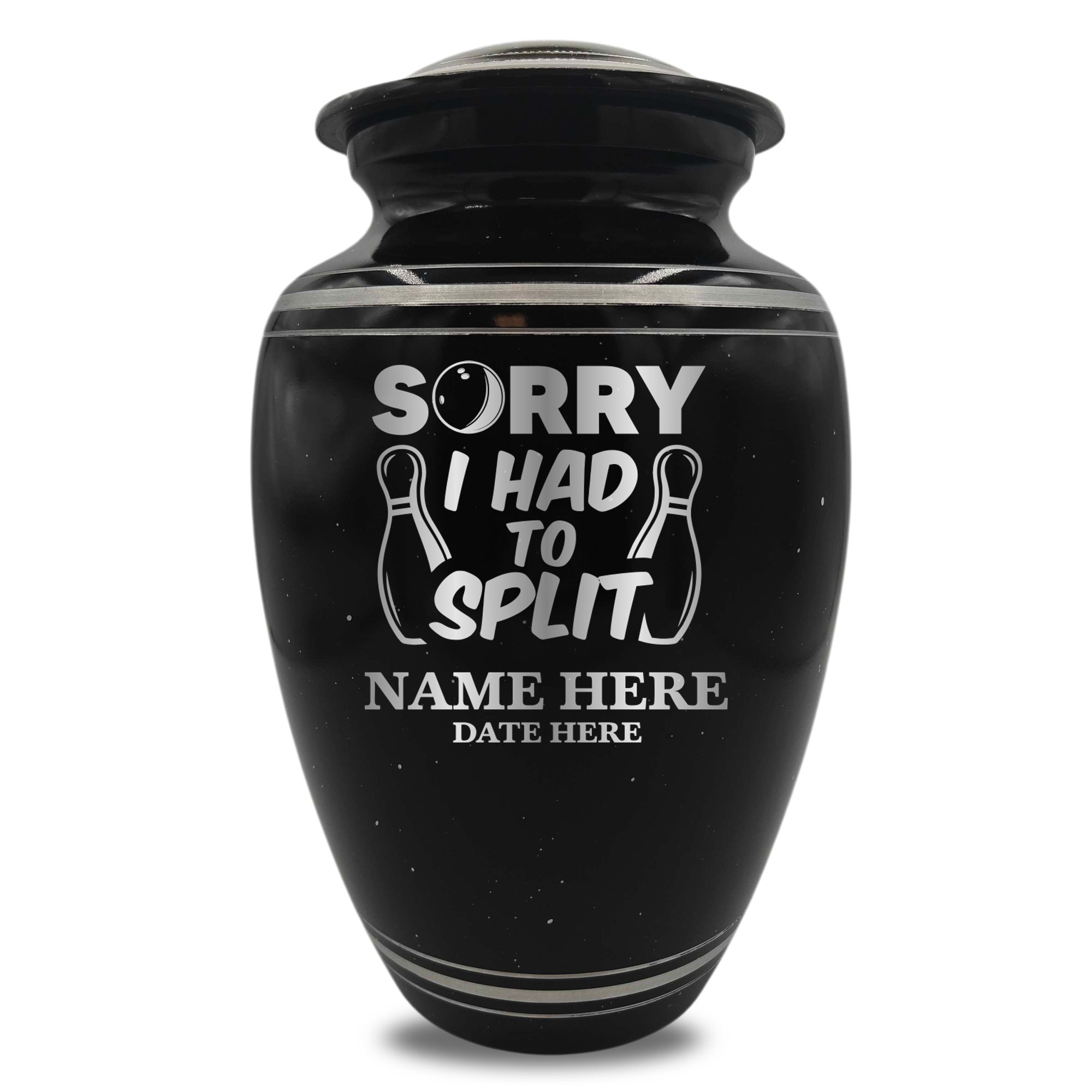 Spotted Black Aluminum with Silver Rim Human Cremation Urn - 200 Cubic Inch | Gone Bowling Tribute