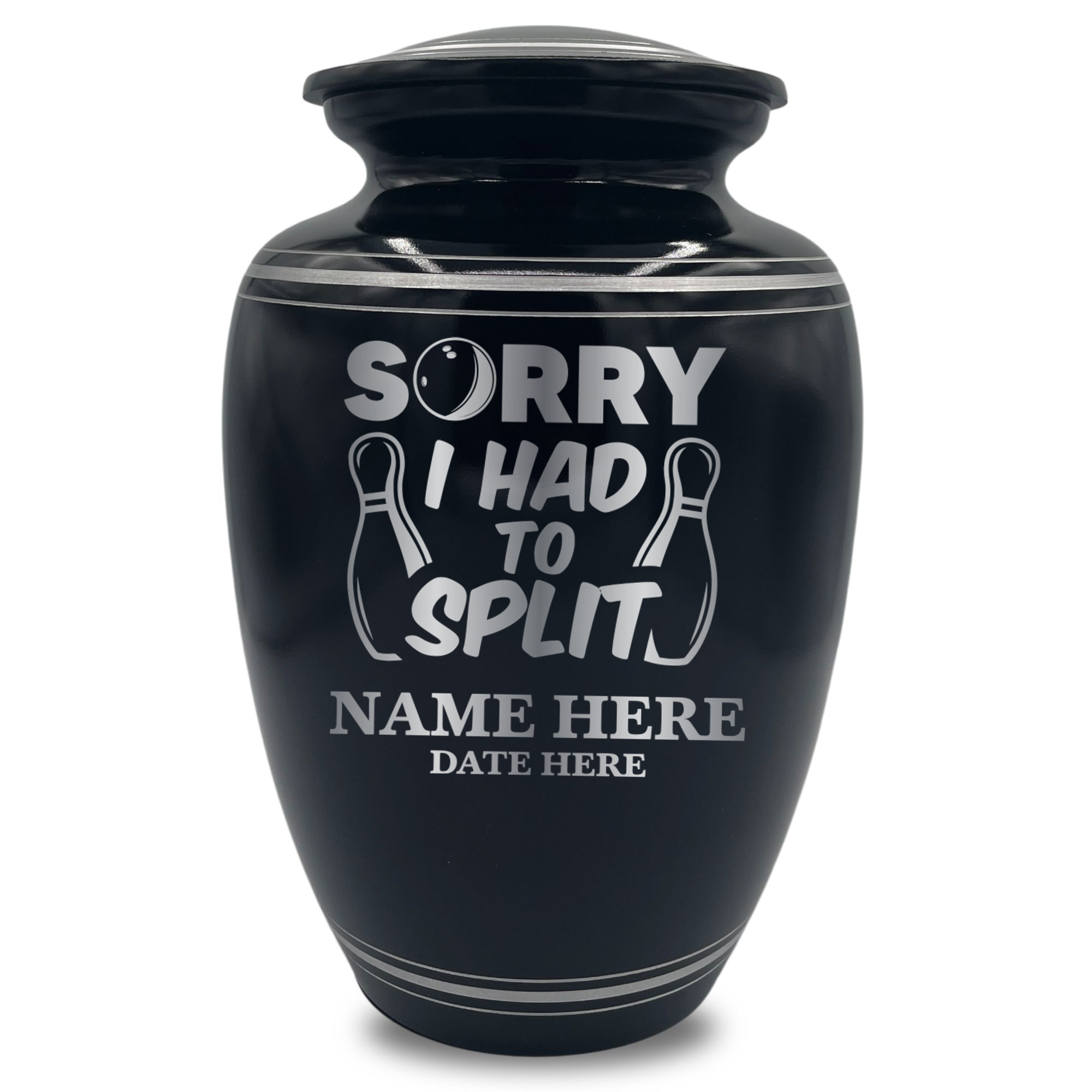 Human Cremation Urn - 350 Cubic Inch Capacity - Black with Silver Rim | Gone Bowling Tribute Collection