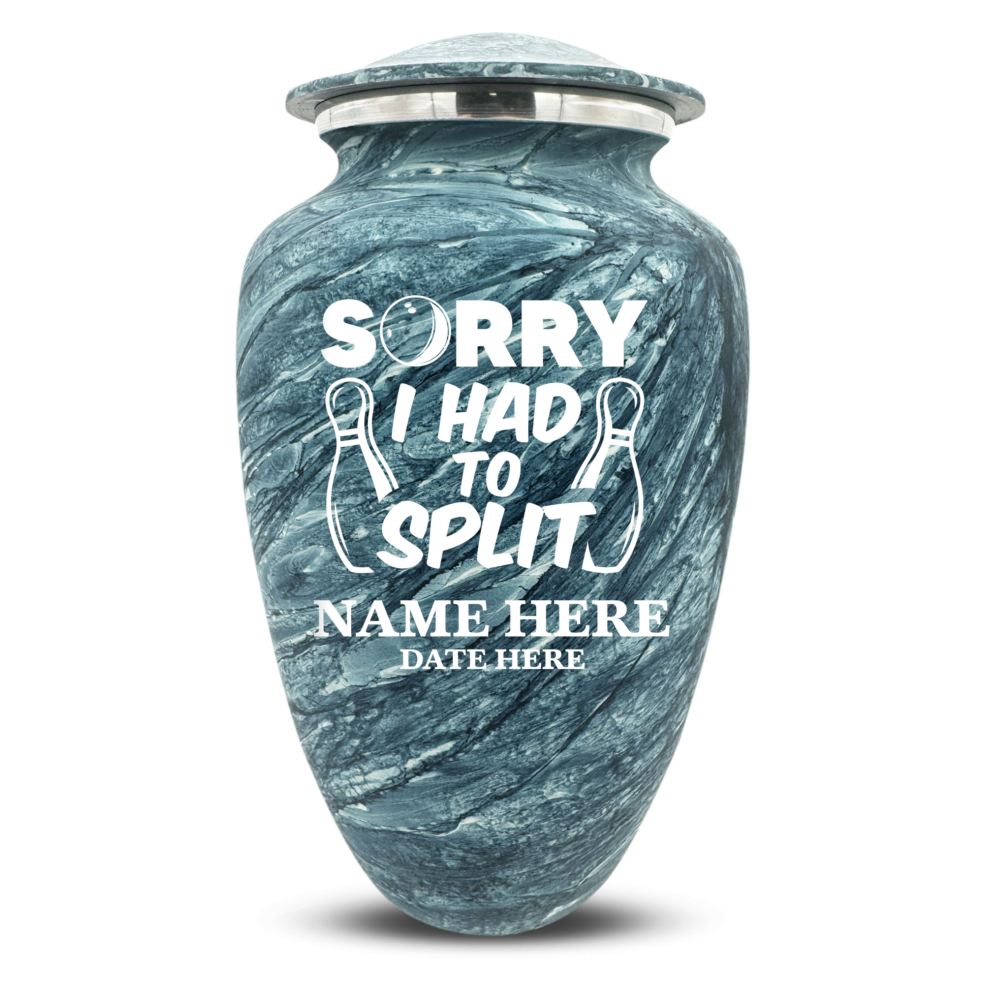 Custom Large Cremation Urn for Human Ashes - Soft Whisper Collection - Funny Bowling Design - Distressed Finish - 200 Cubic Inch