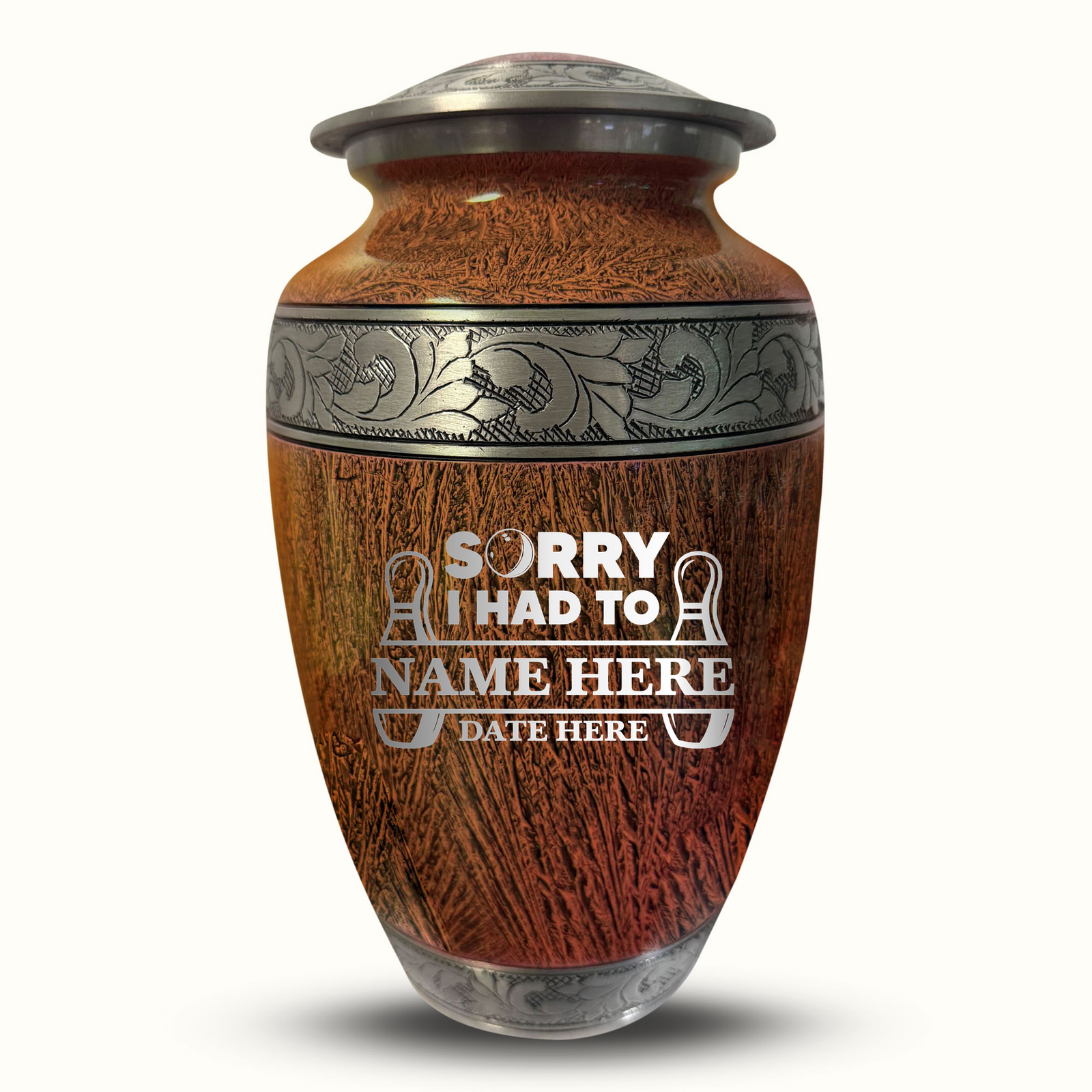 Custom Aluminum Human Urn - Elevate Collection - Funny Bowling Design - Distressed Finish - 200 Cubic Inch