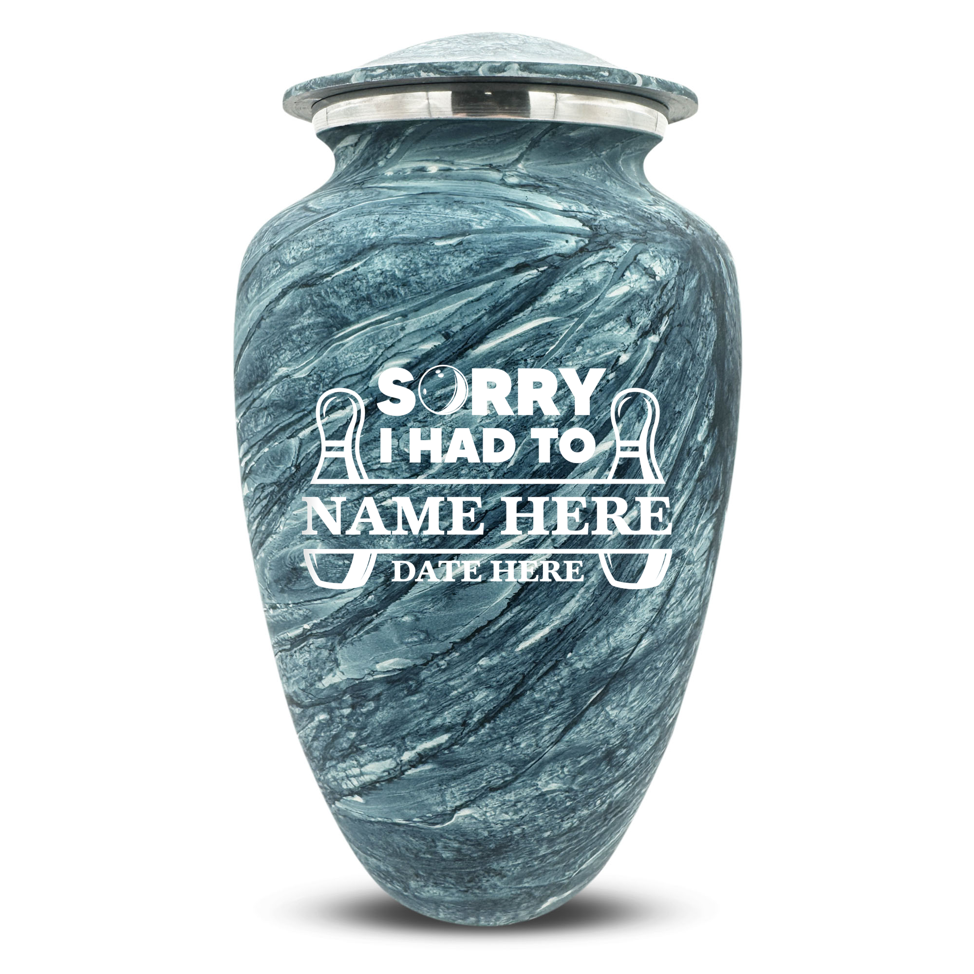 Custom Large Cremation Urn for Human Ashes - Soft Whisper Collection - Funny Bowling Design - Distressed Finish - 200 Cubic Inch
