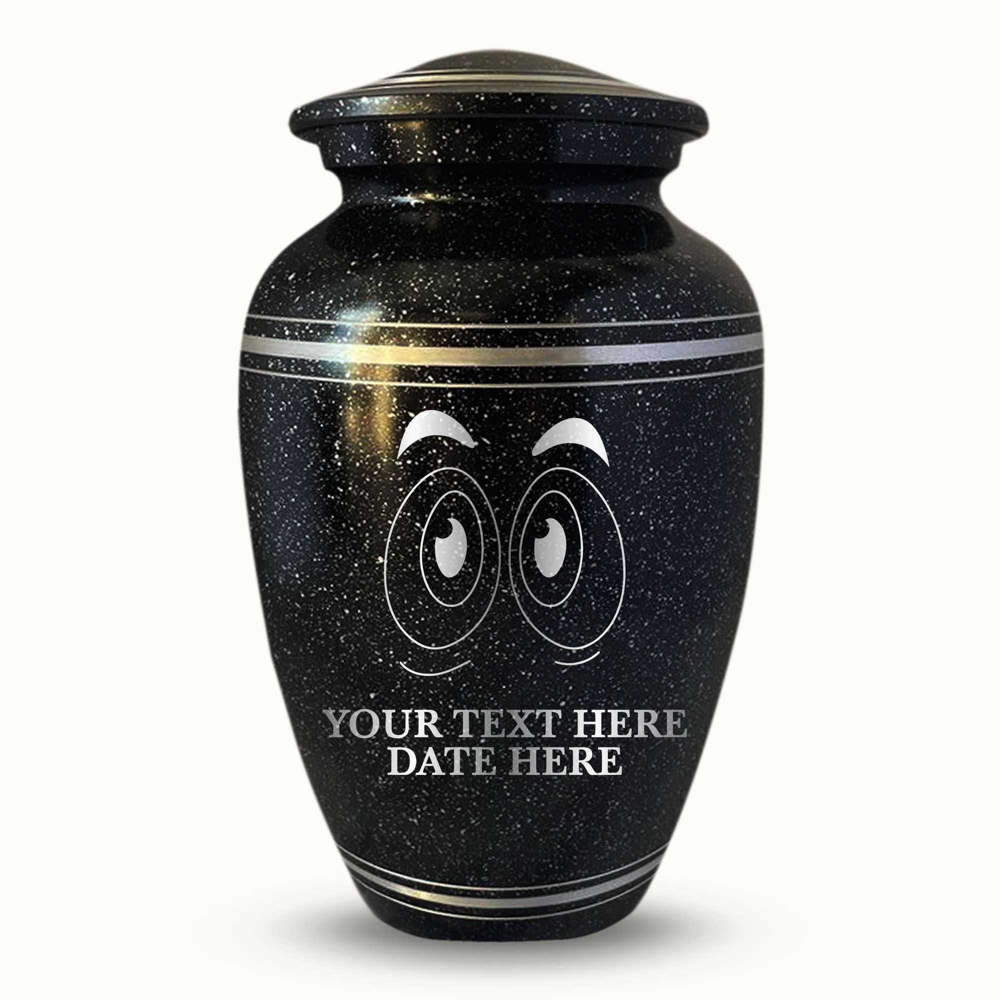 Spotted Black Aluminum with Silver Rim Human Cremation Urn - 200 Cubic Inch | Funny Eyes
