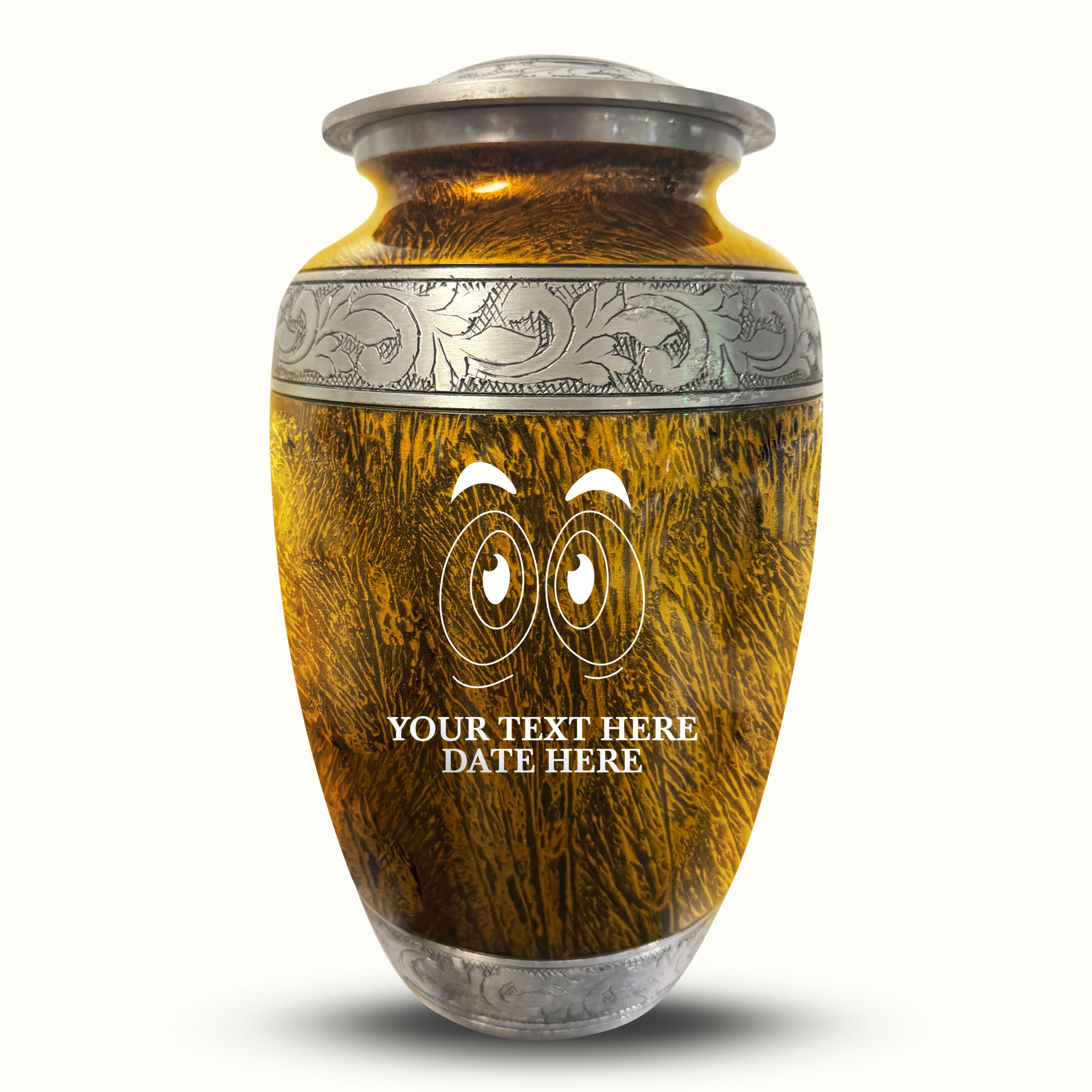 Custom Large Cremation Urn for Human Ashes - Elevate Collection - Funny Eyes Design - Distressed Finish - 200 Cubic Inch
