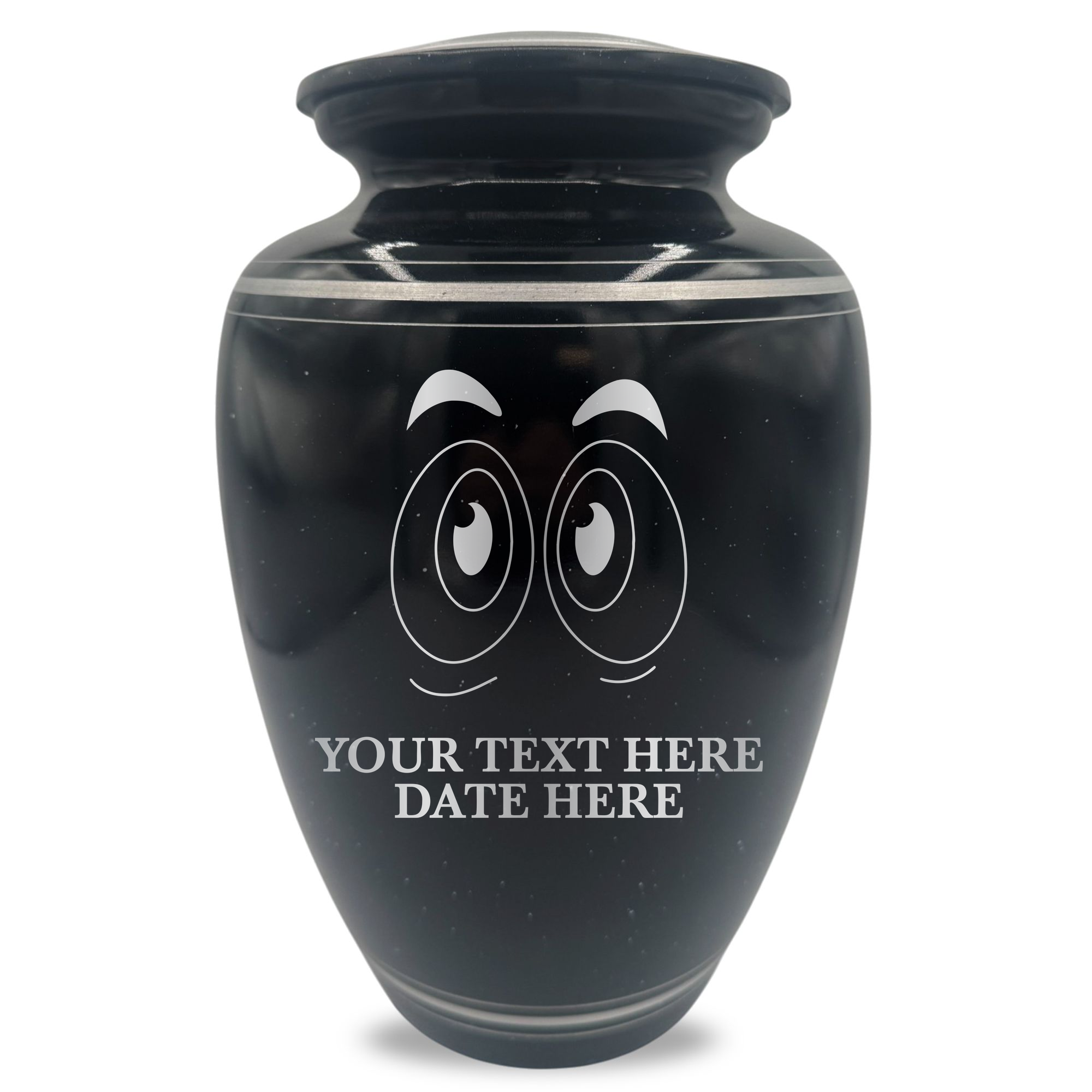 Extra Large Human Cremation Urn - 350 Cubic Inch - Black Spotted Finish with Silver Rim | Funny Eyes