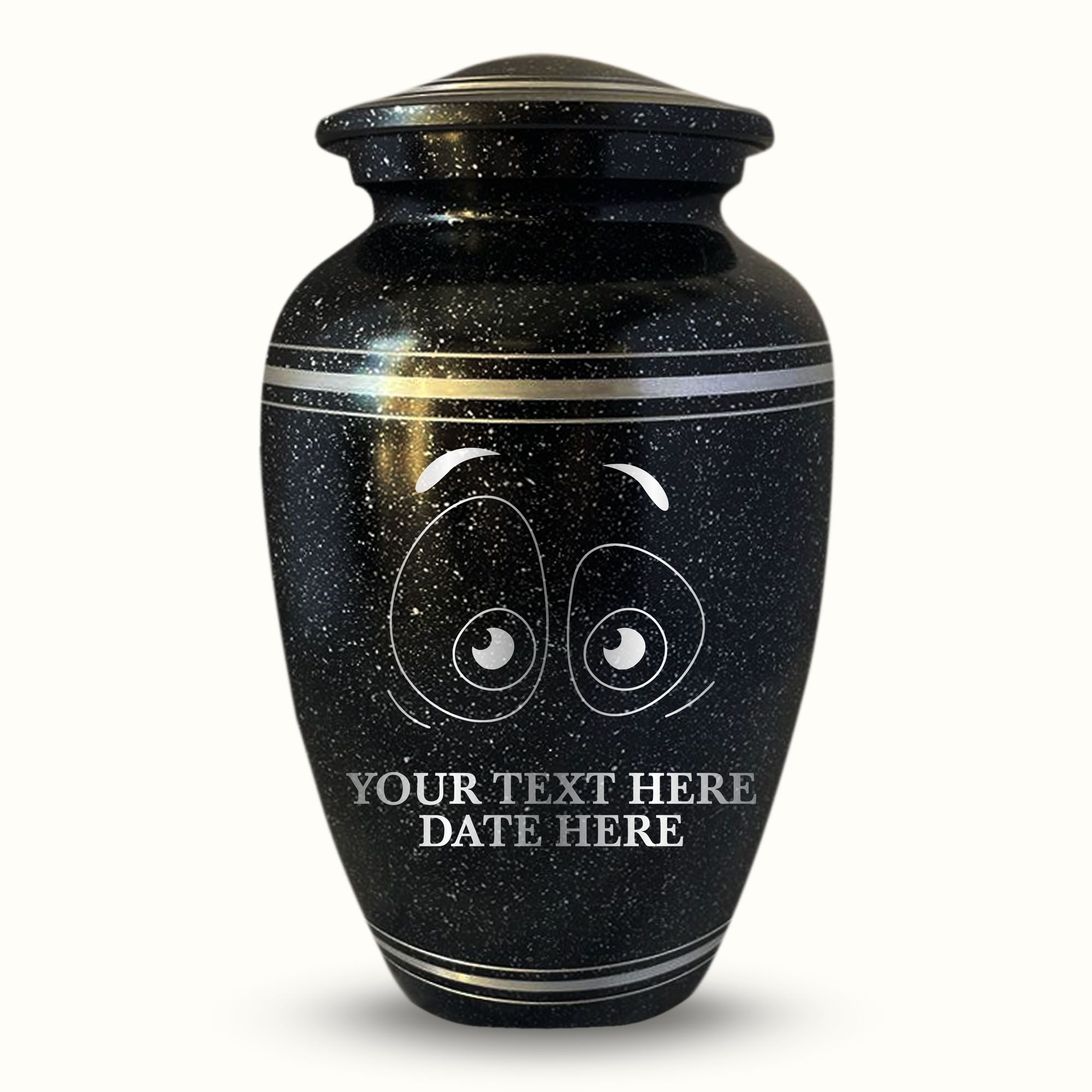 Spotted Black Aluminum with Silver Rim Human Cremation Urn - 200 Cubic Inch | Funny Eyes