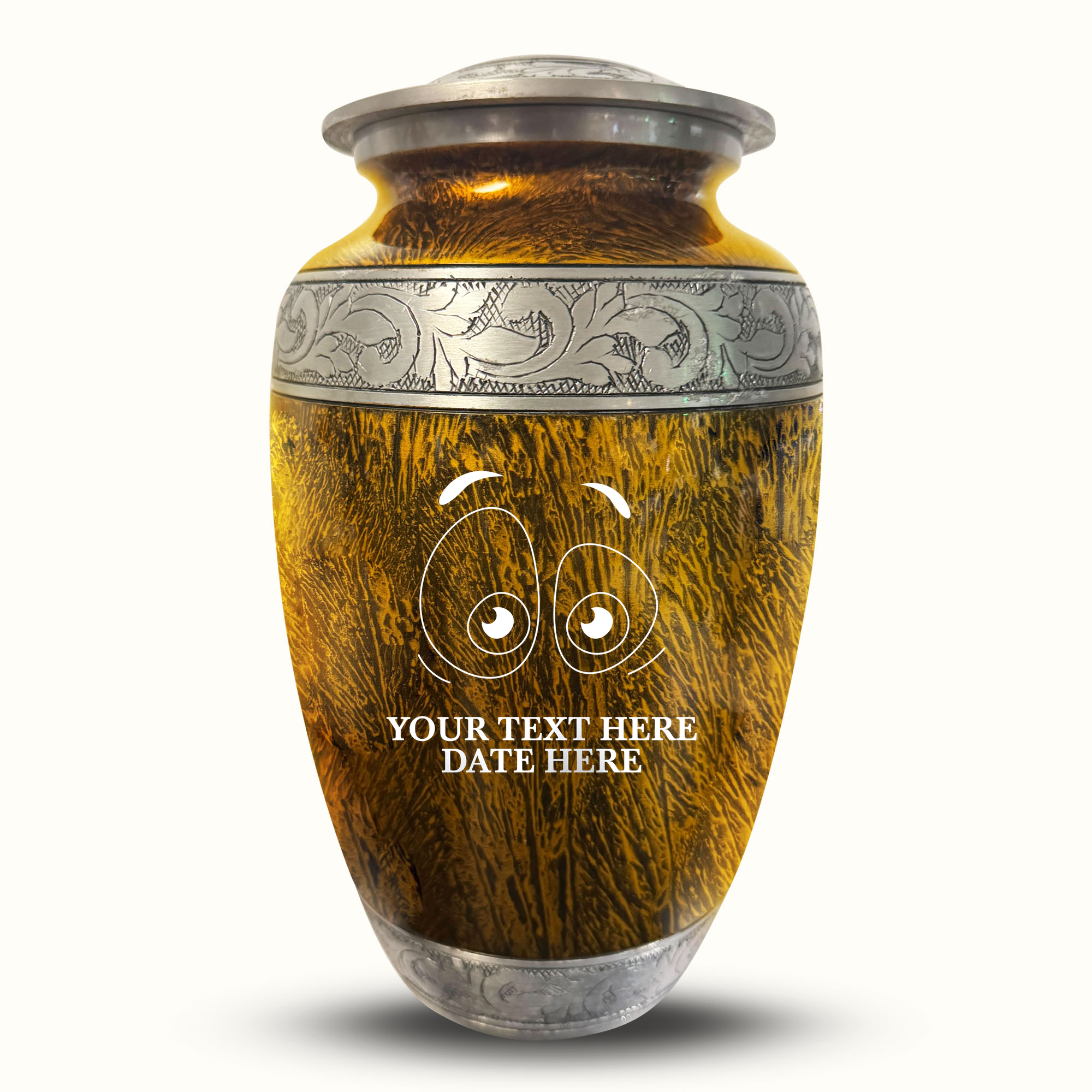 Custom Large Cremation Urn for Human Ashes - Elevate Collection - Funny Eyes Design - Distressed Finish - 200 Cubic Inch