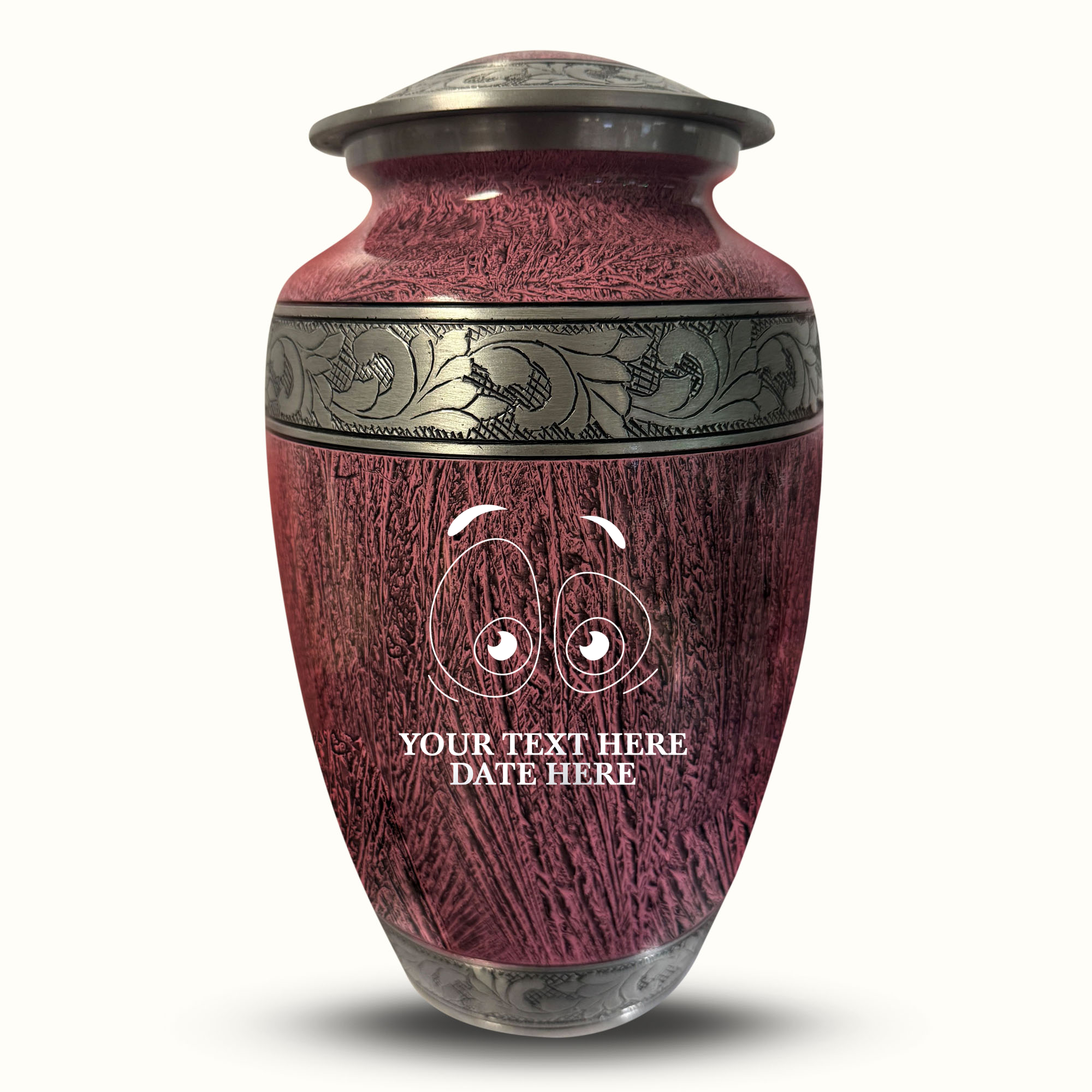Custom Large Cremation Urn for Human Ashes - Elevate Collection - Funny Eyes Design - Distressed Finish - 200 Cubic Inch