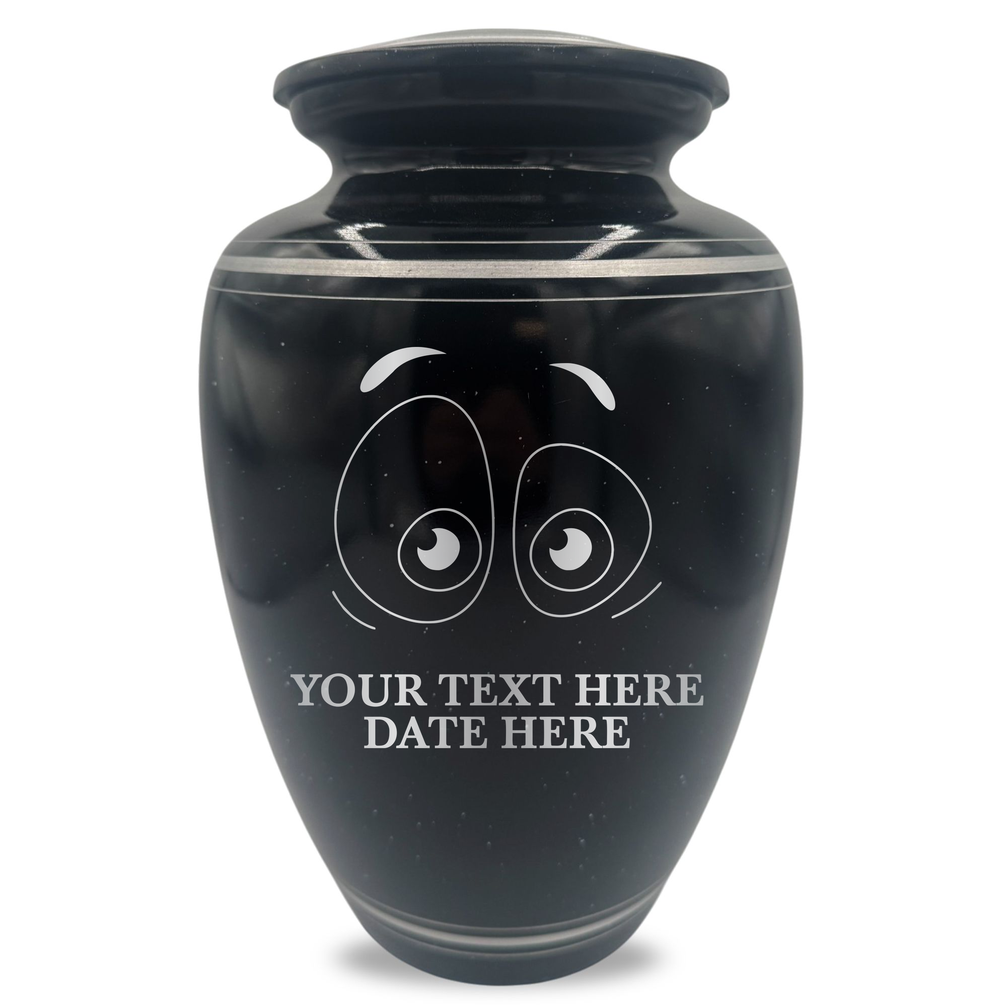 Extra Large Human Cremation Urn - 350 Cubic Inch - Black Spotted Finish with Silver Rim | Funny Eyes
