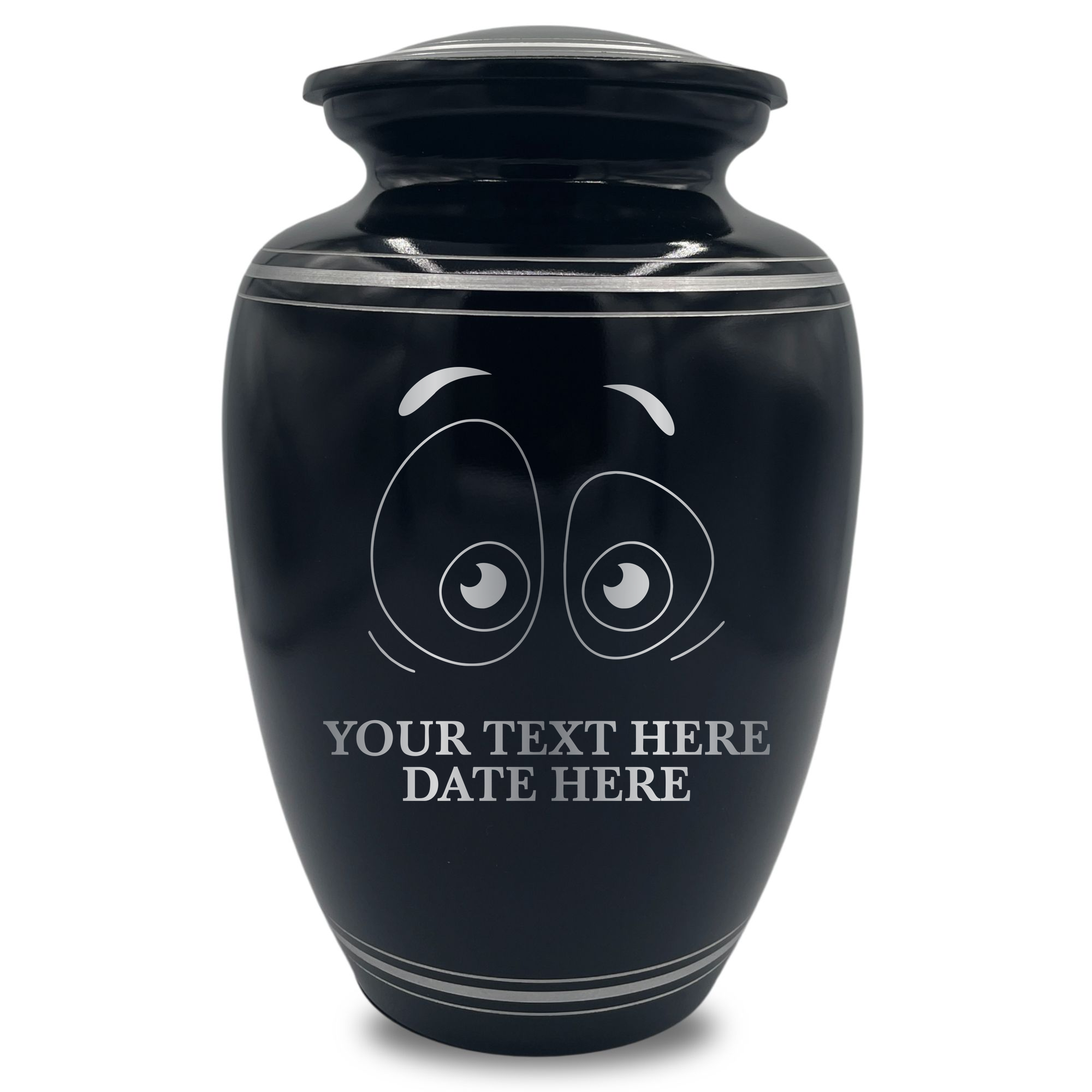 Human Cremation Urn - 350 Cubic Inch Capacity - Black with Silver Rim | Funny Eyes