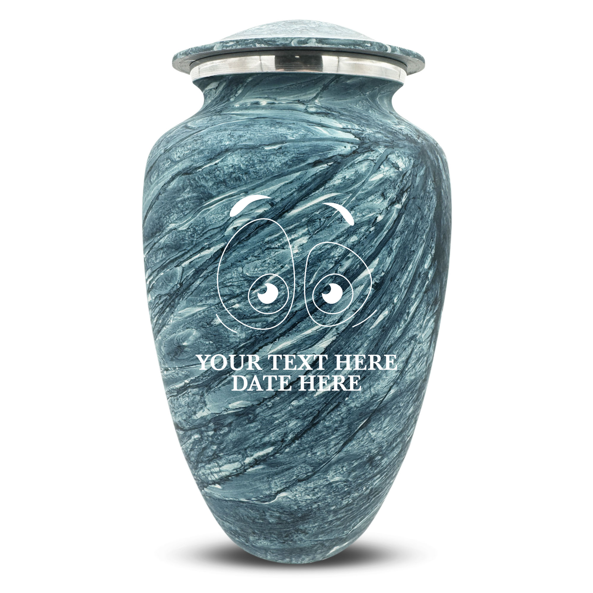 Custom Large Cremation Urn for Human Ashes - Soft Whisper Collection - Funny Eyes Design - Distressed Finish - 200 Cubic Inch