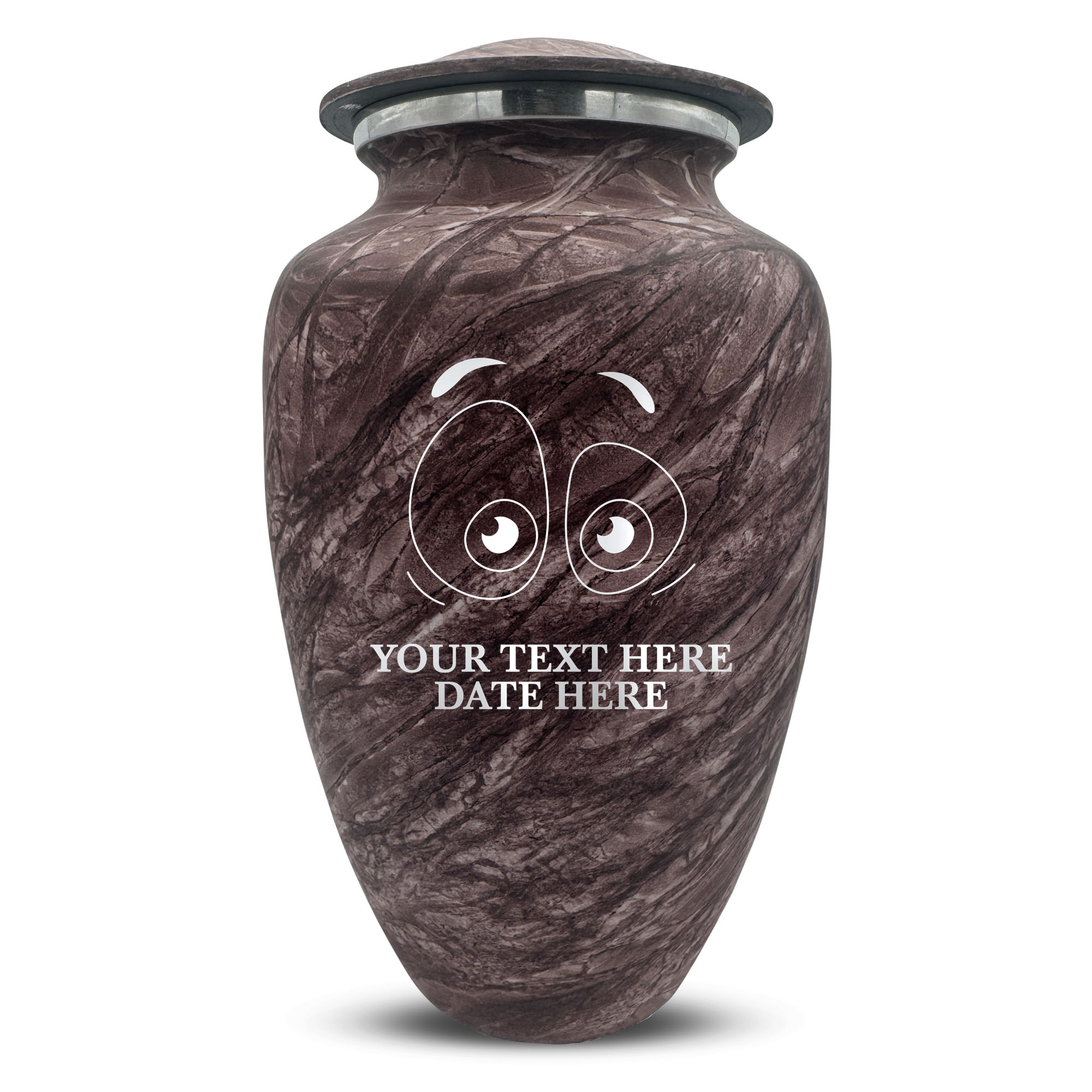 Custom Large Cremation Urn for Human Ashes - Soft Whisper Collection - Funny Eyes Design - Distressed Finish - 200 Cubic Inch