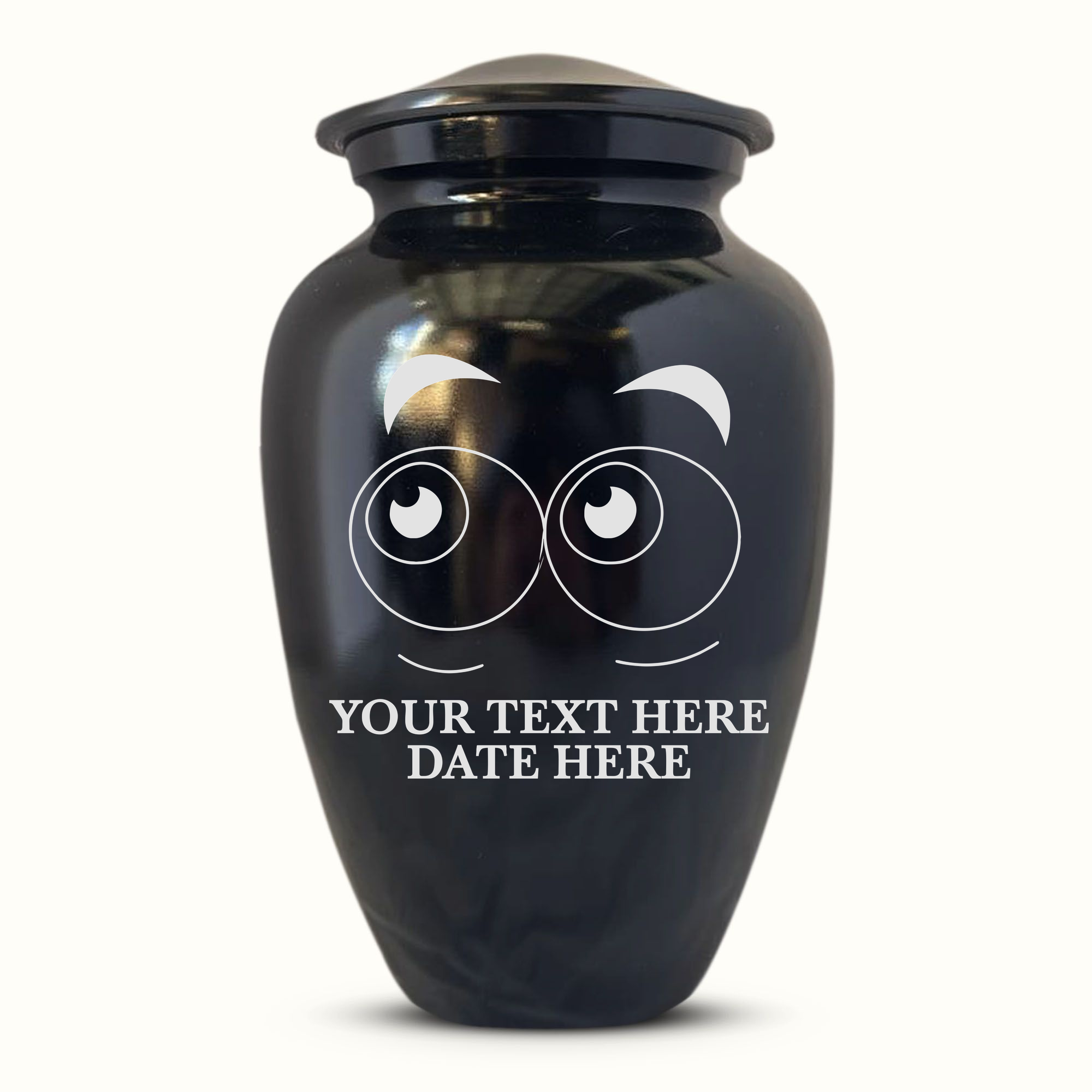 Polished Black Aluminum Human Cremation Urn - 200 Cubic Inch | Funny Eyes