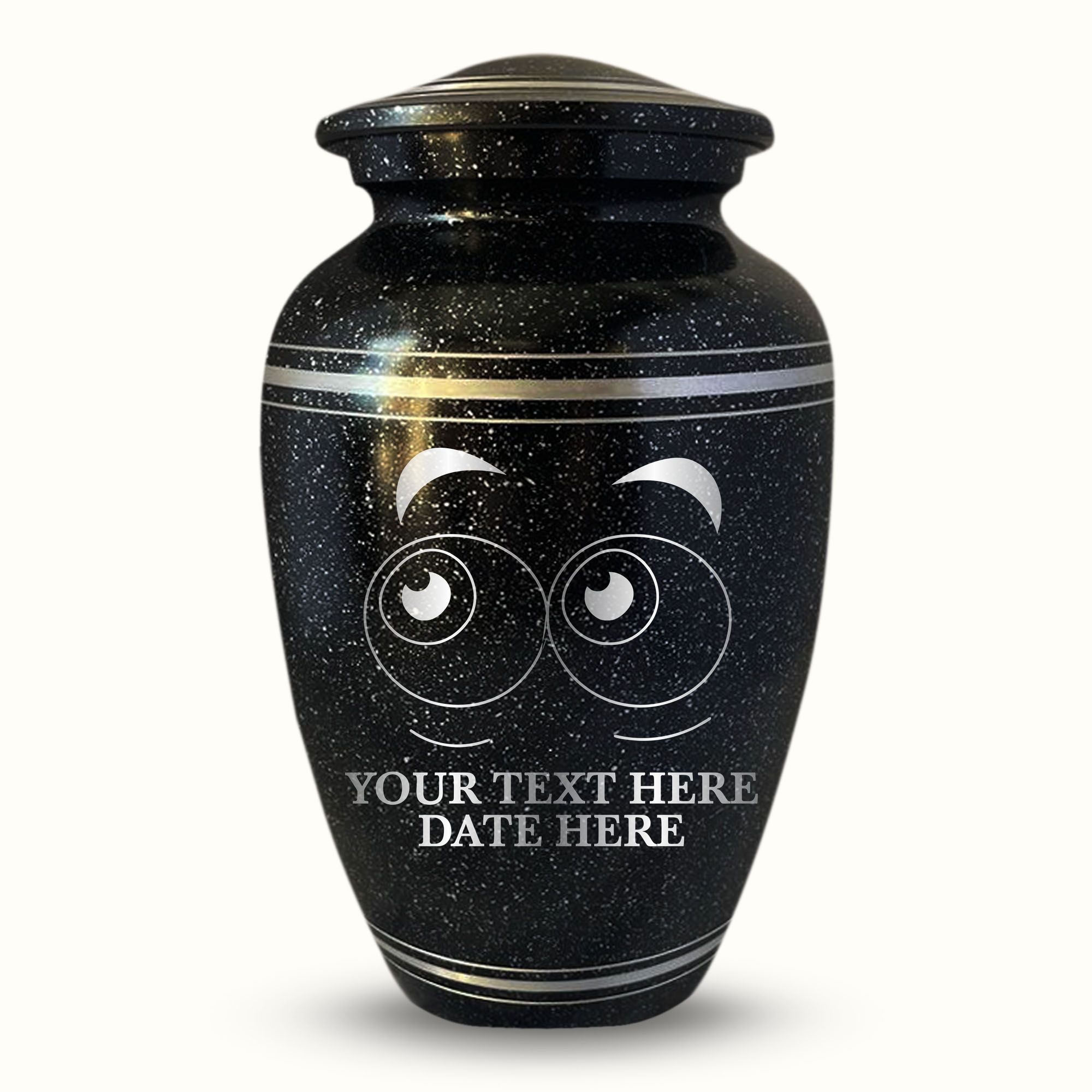 Spotted Black Aluminum with Silver Rim Human Cremation Urn - 200 Cubic Inch | Funny Eyes