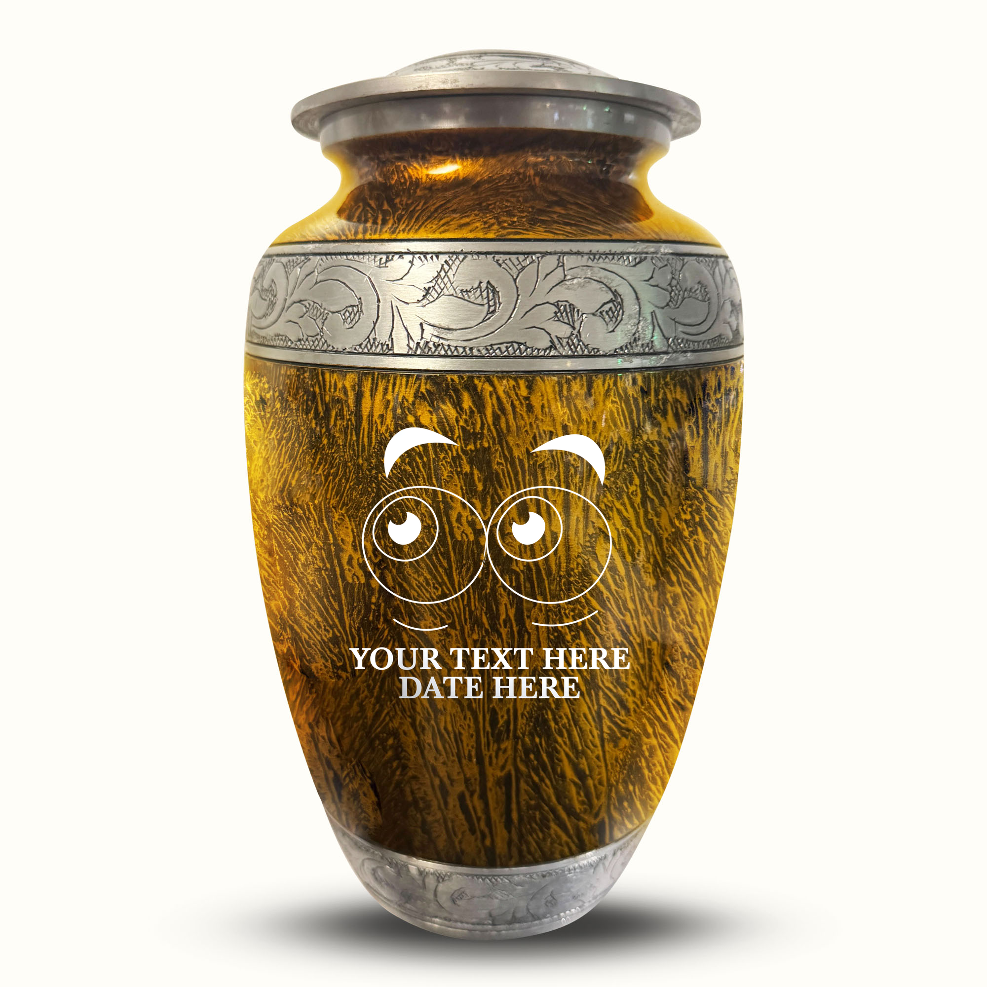 Custom Large Cremation Urn for Human Ashes - Elevate Collection - Funny Eyes Design - Distressed Finish - 200 Cubic Inch