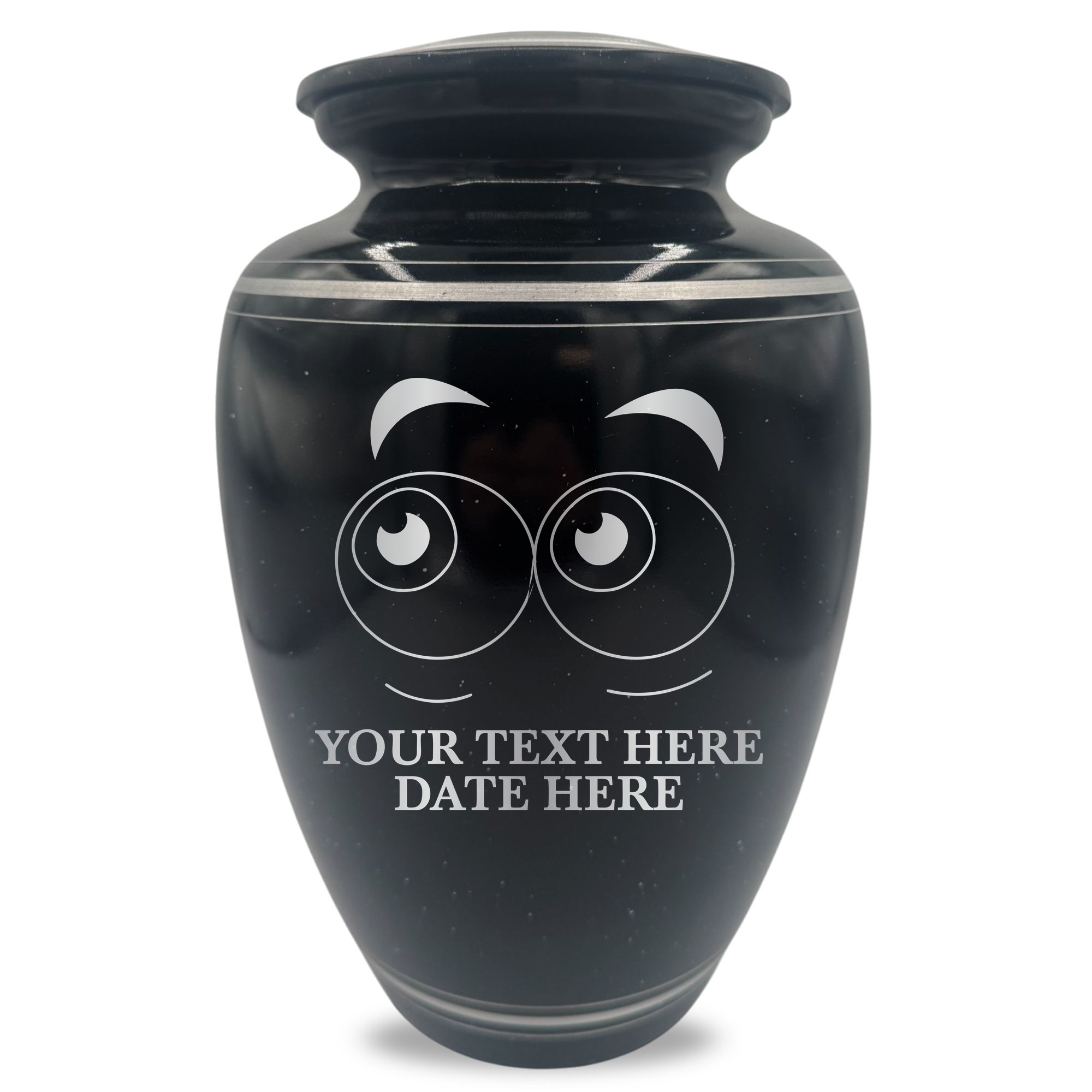 Extra Large Human Cremation Urn - 350 Cubic Inch - Black Spotted Finish with Silver Rim | Funny Eyes