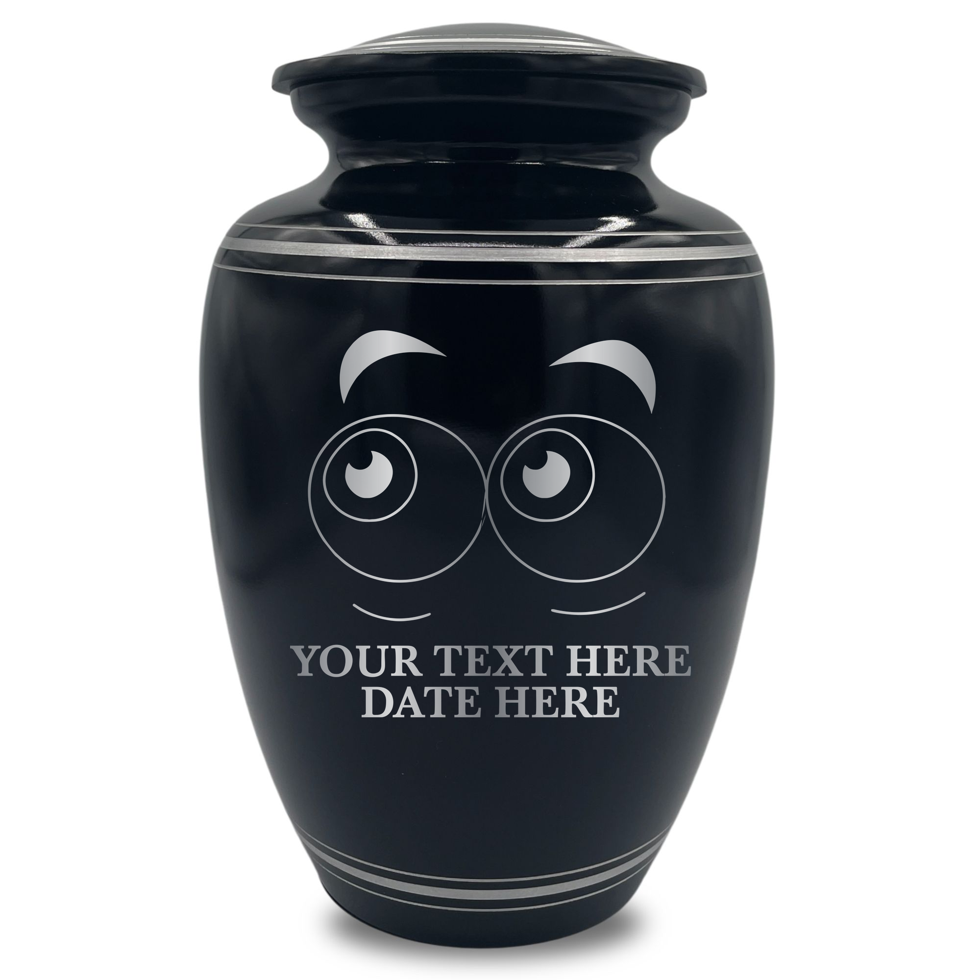 Human Cremation Urn - 350 Cubic Inch Capacity - Black with Silver Rim | Funny Eyes