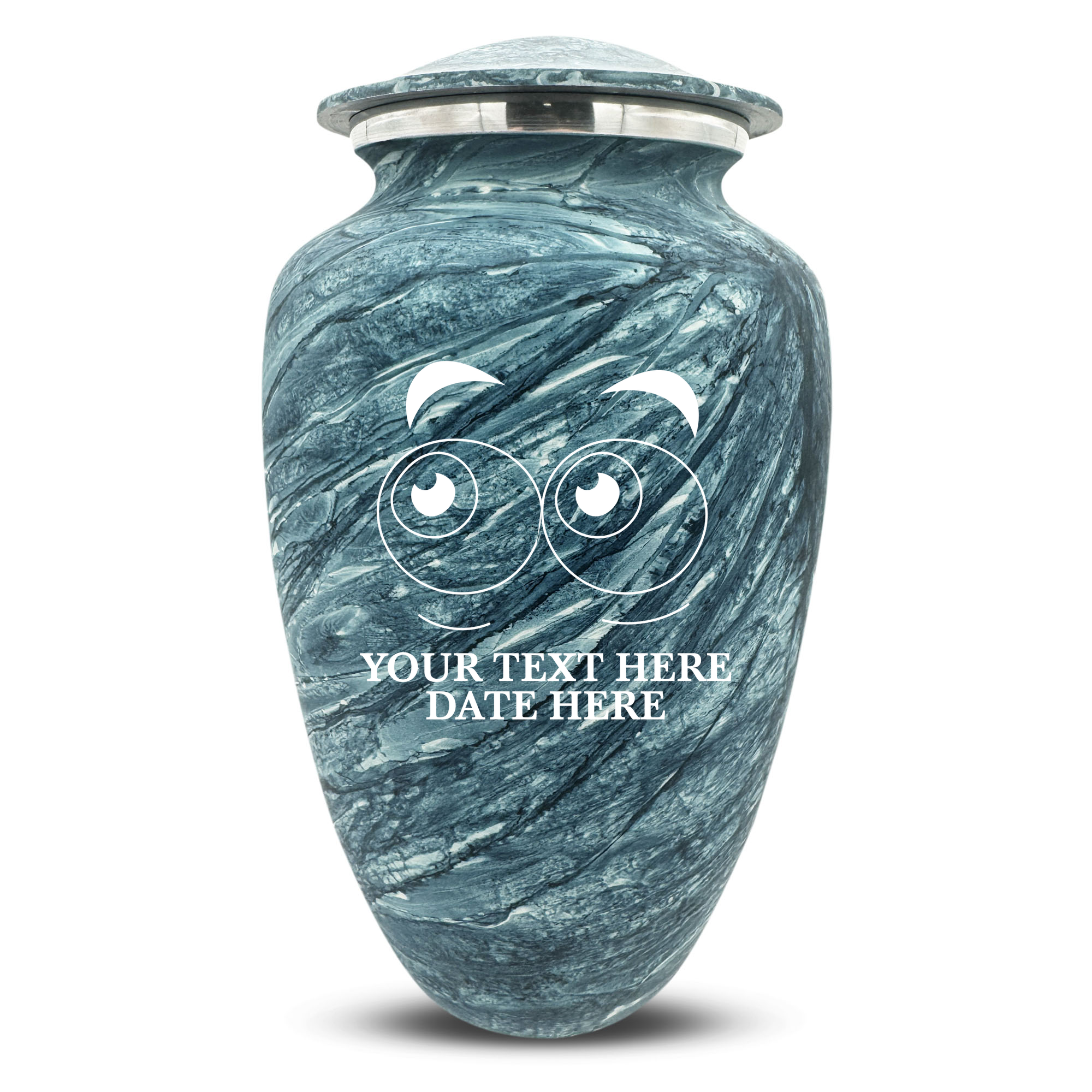 Custom Large Cremation Urn for Human Ashes - Soft Whisper Collection - Funny Eyes Design - Distressed Finish - 200 Cubic Inch