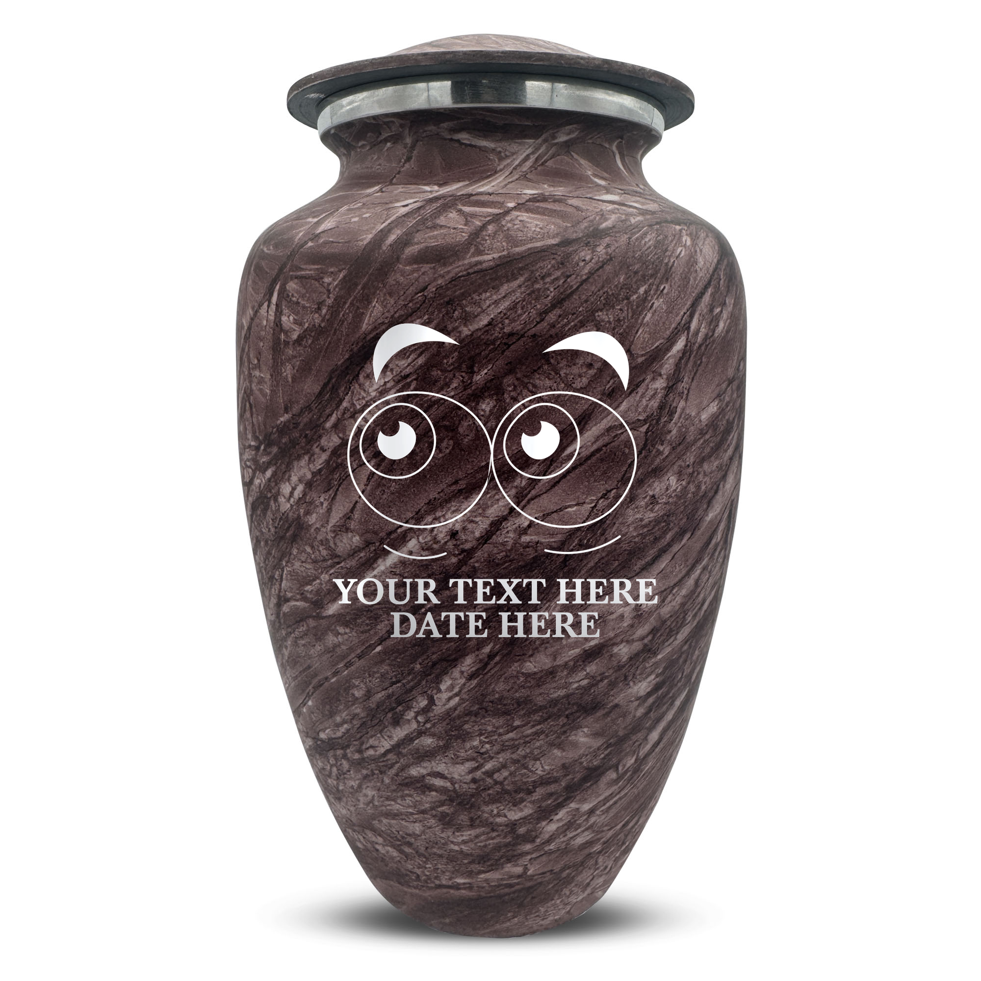 Custom Large Cremation Urn for Human Ashes - Soft Whisper Collection - Funny Eyes Design - Distressed Finish - 200 Cubic Inch
