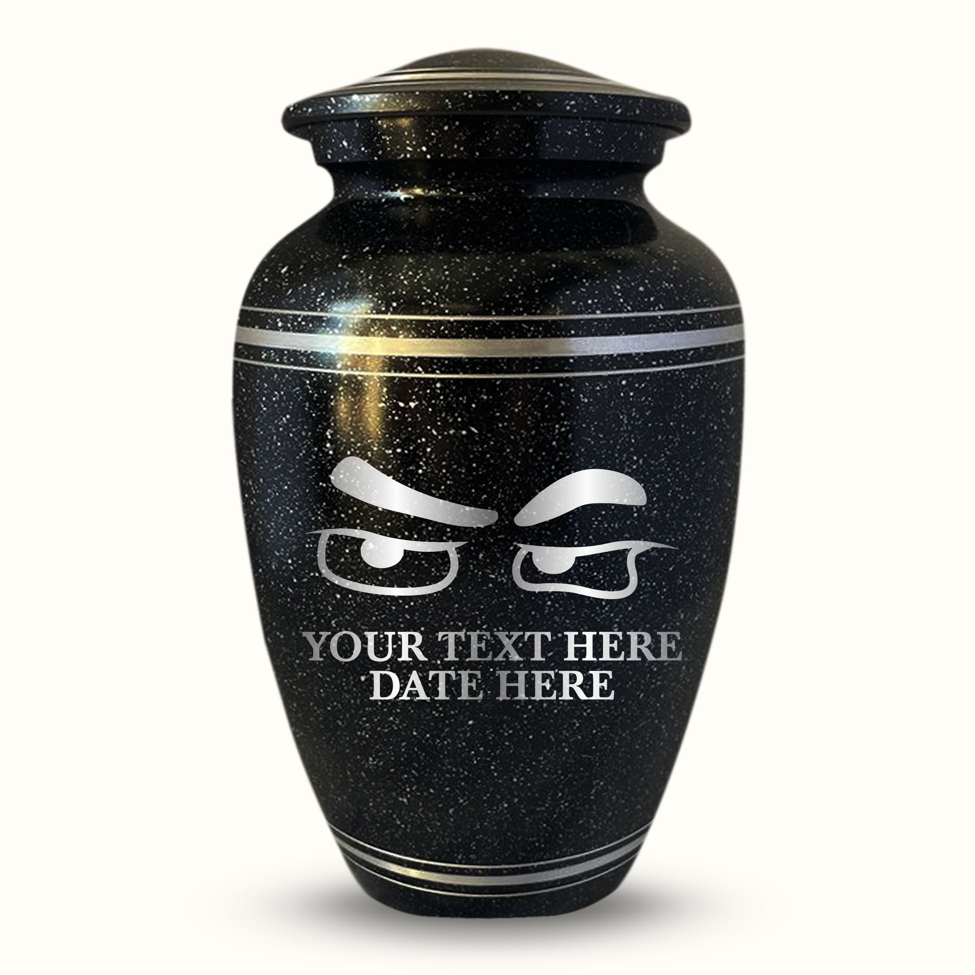 Spotted Black Aluminum with Silver Rim Human Cremation Urn - 200 Cubic Inch | Funny Eyes