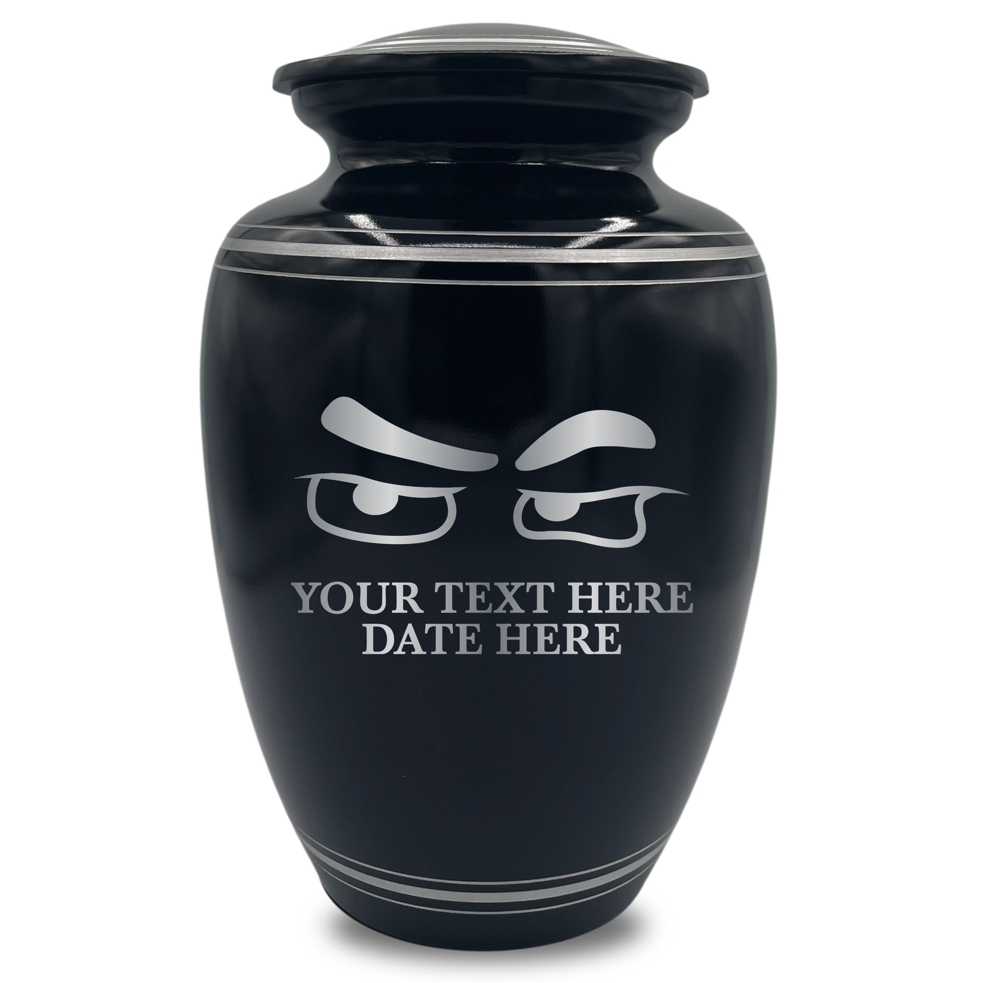 Human Cremation Urn - 350 Cubic Inch Capacity - Black with Silver Rim | Funny Eyes