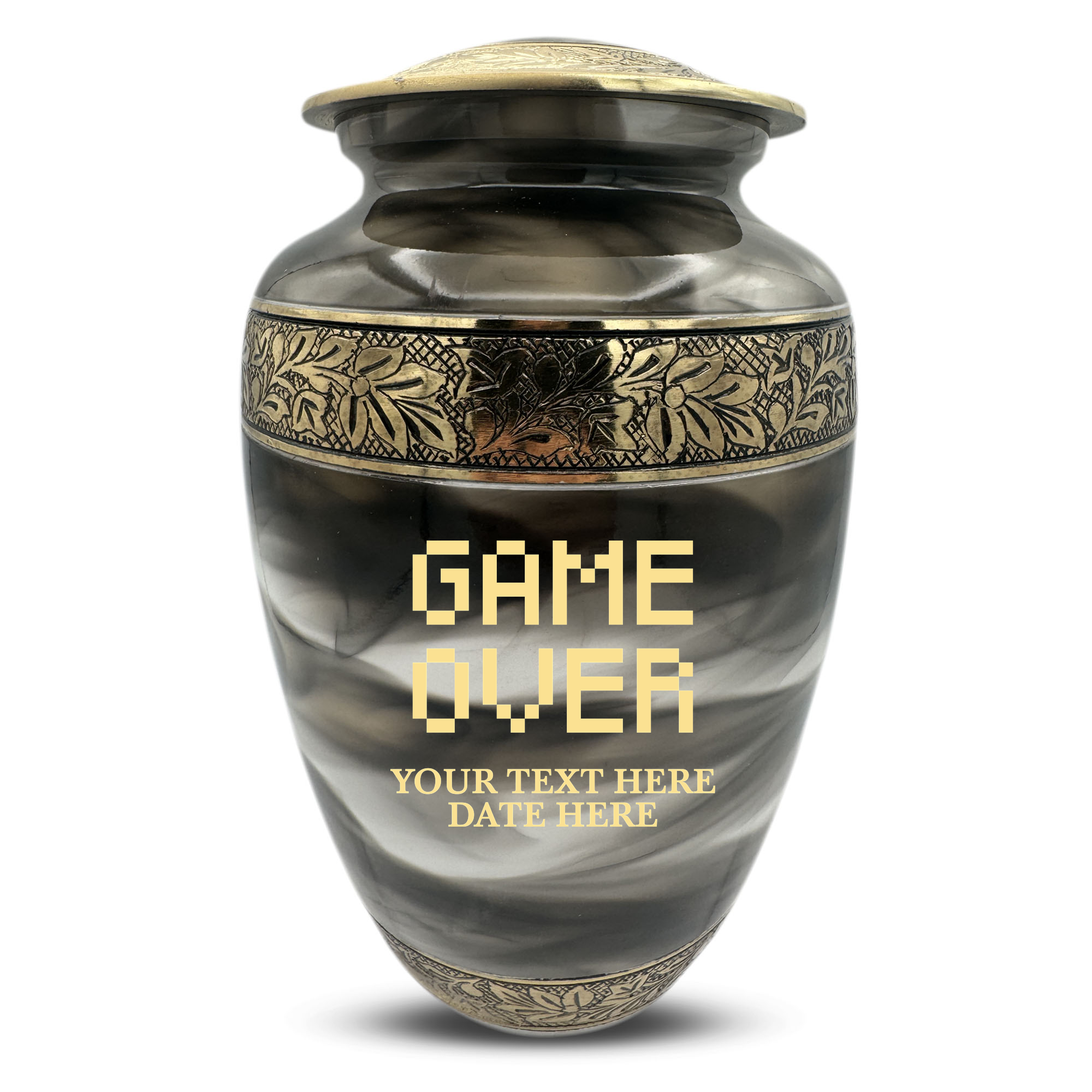 Custom Aluminum Cremation Urn for Human Ashes - Suzesta Pearl White Memorial Urn - Funny Gaming Design - 200 Cubic Inch